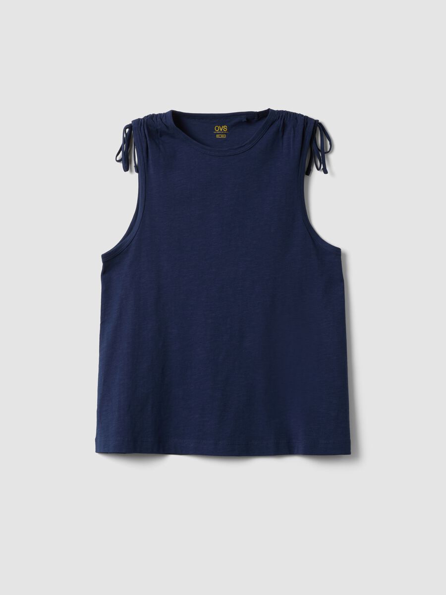 Blue pure cotton tank top with shoulder ties_0