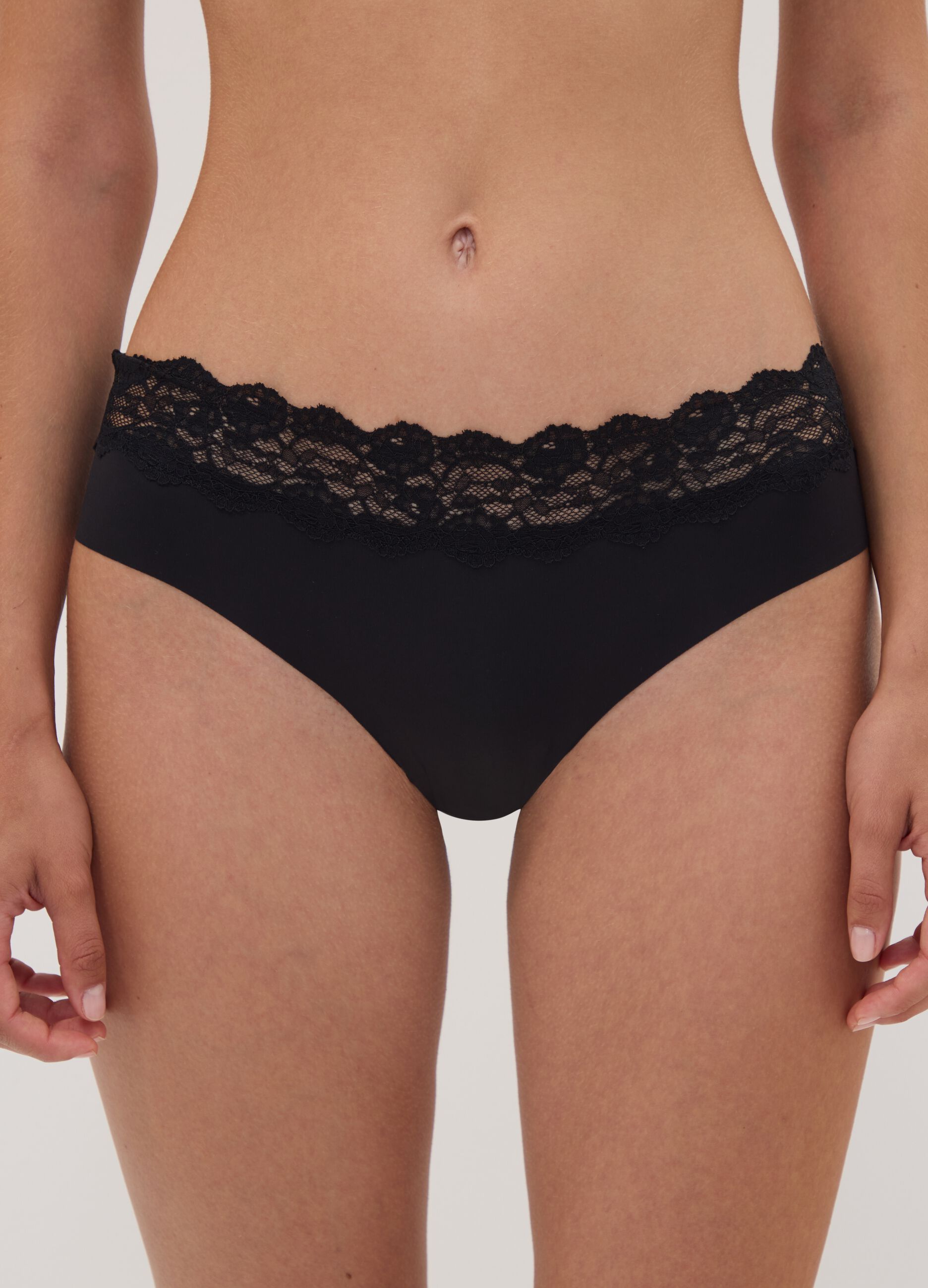 Black stretch microfibre briefs with lace