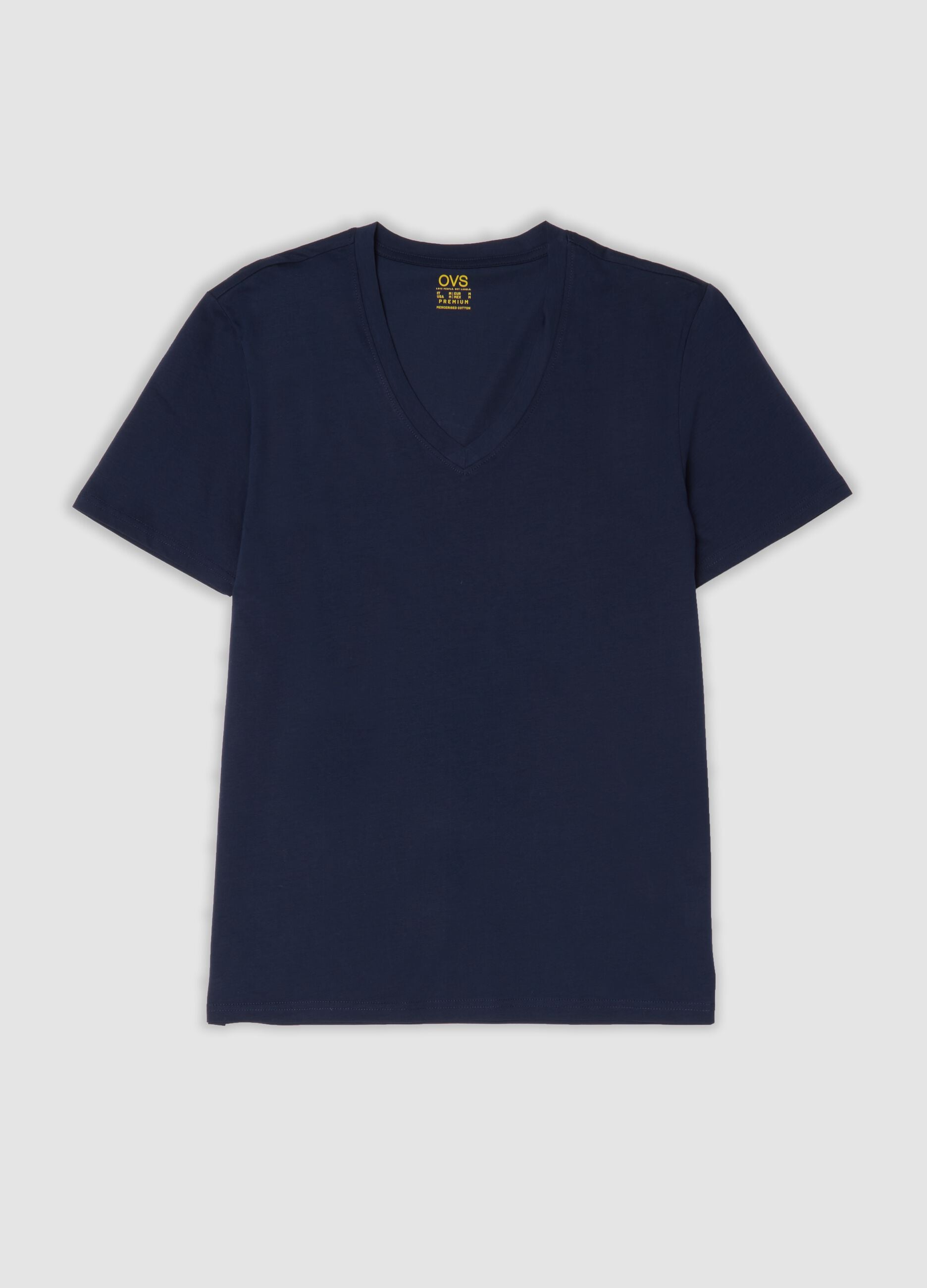 T-shirt azul em algod&atilde;o mercerizado puro com decote em V profundo