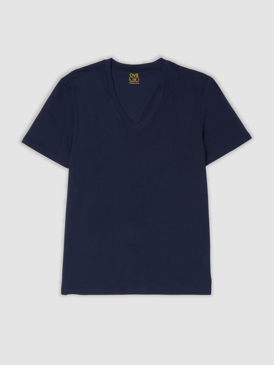 T-shirt azul em algod&atilde;o mercerizado puro com decote em V profundo_0