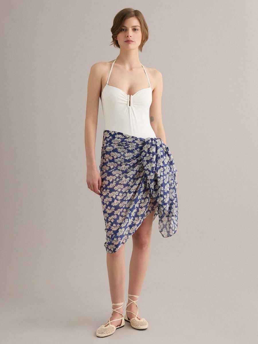 Pareo azul de algod&oacute;n puro con estampado floral_0