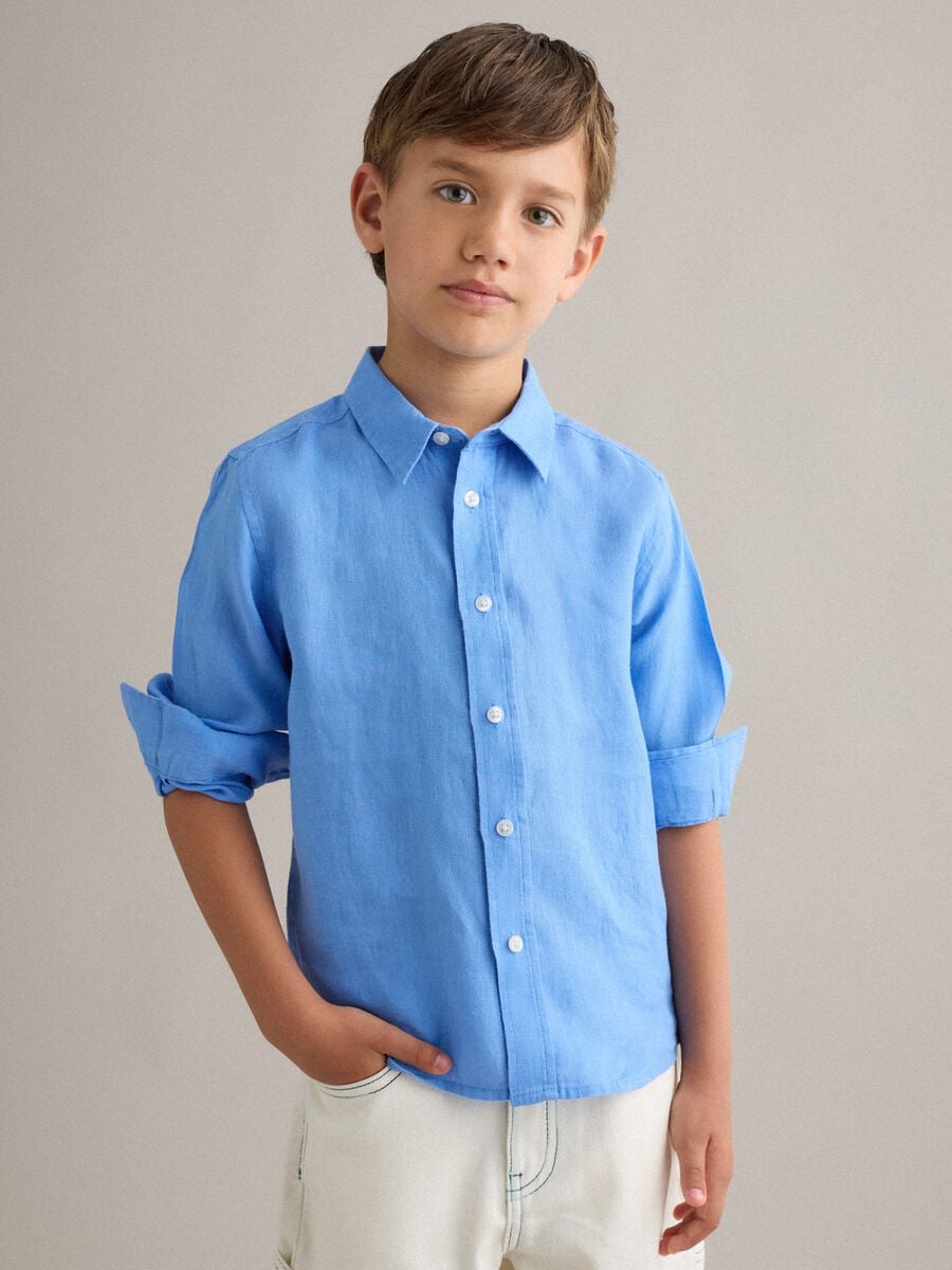 Kids&rsquo; oversized-fit light blue pure linen shirt_0