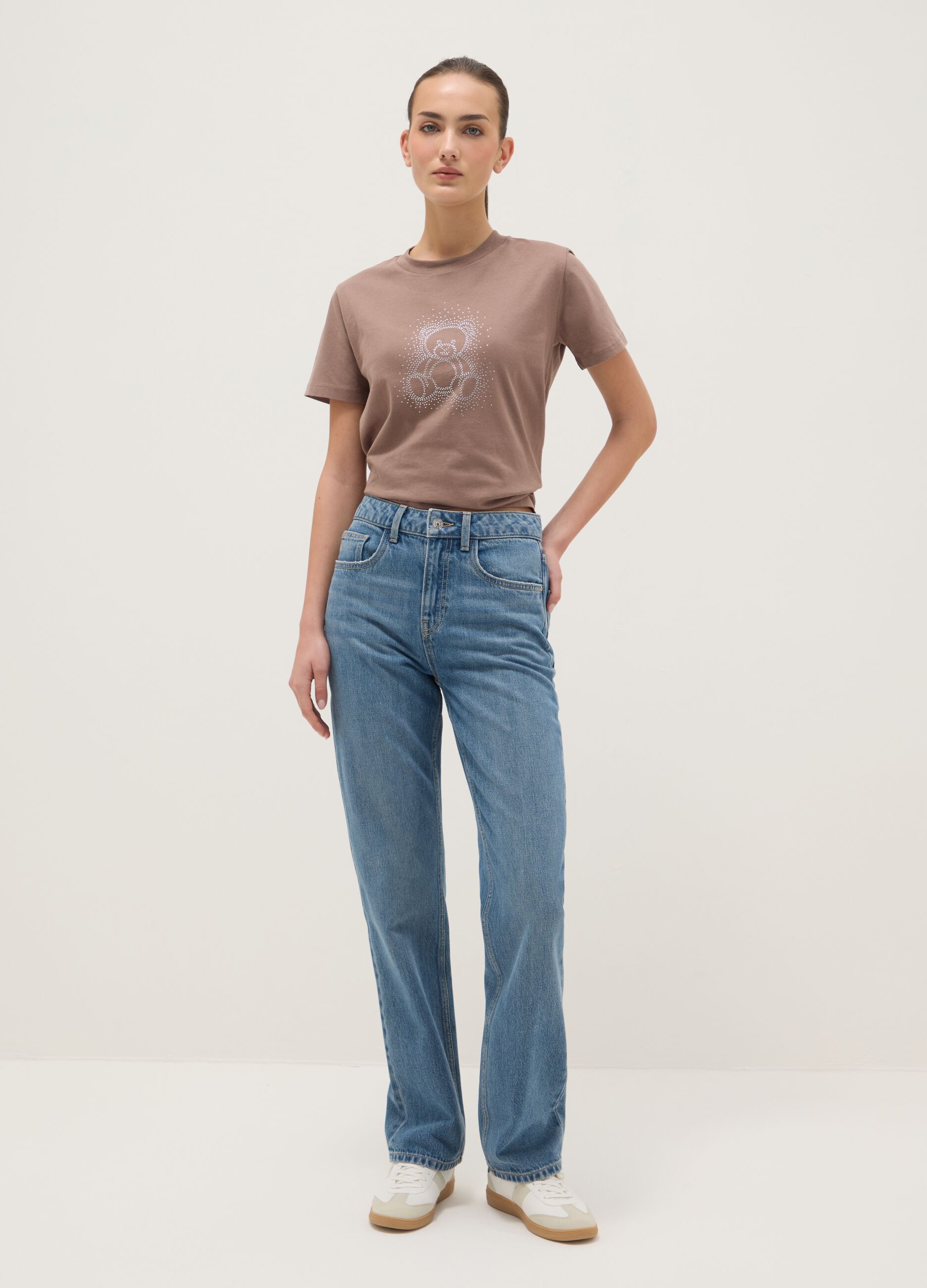 Pure cotton brown t-shirt regular fit with glittery teddy bear