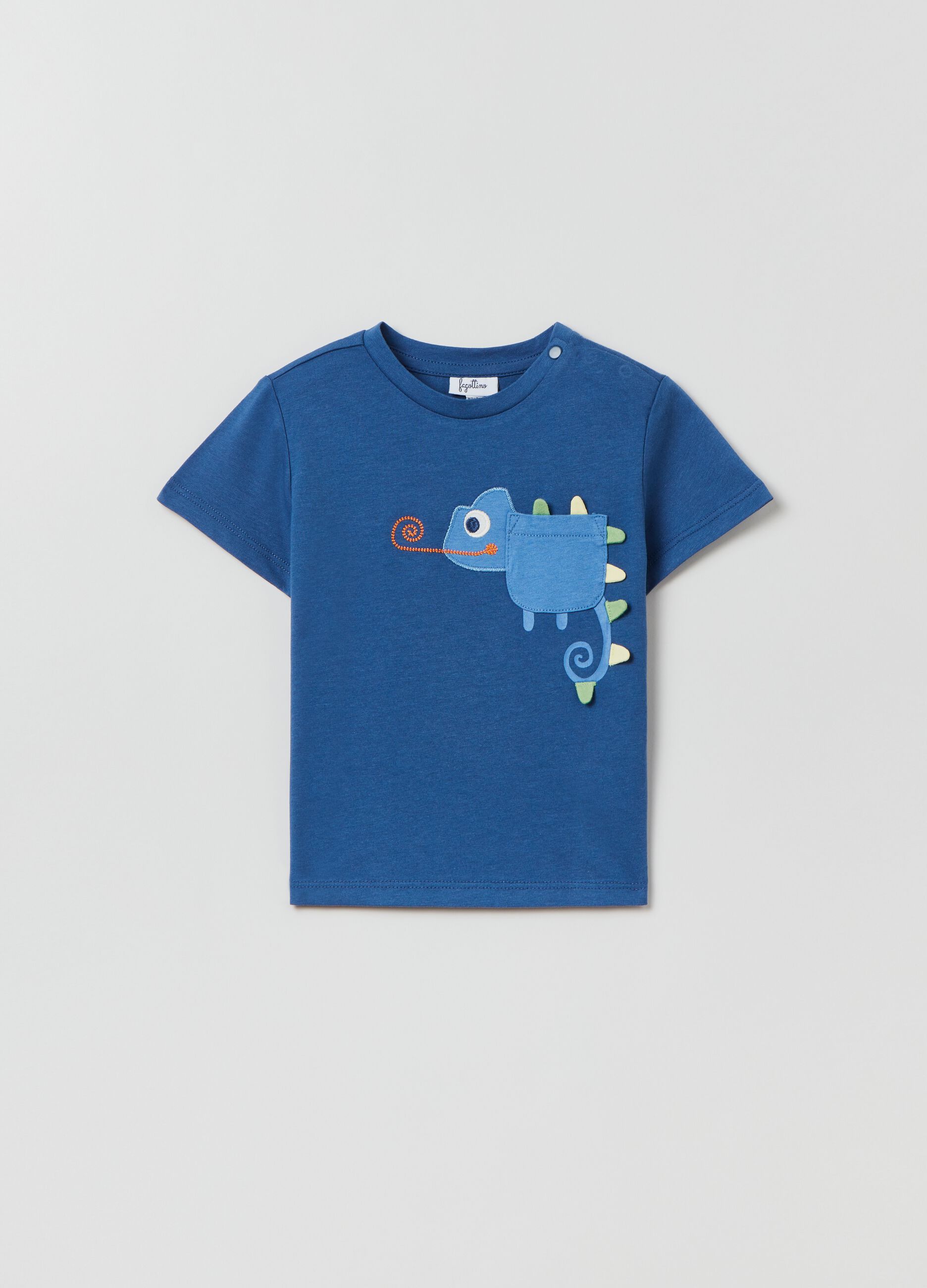 T-shirt in cotone con ricamo camaleonte