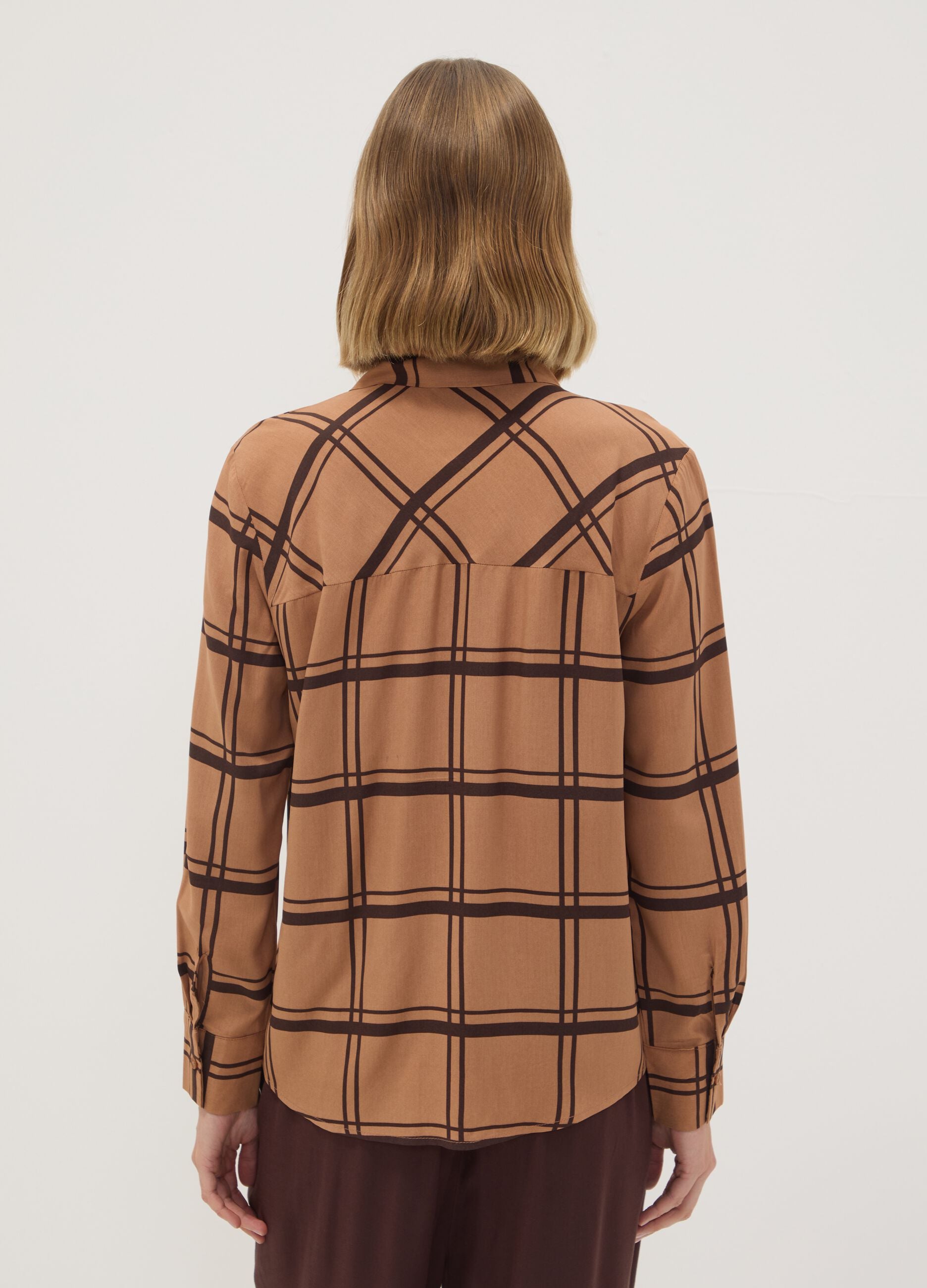 Brown checked pure viscose shirt with neck tie, regular fit