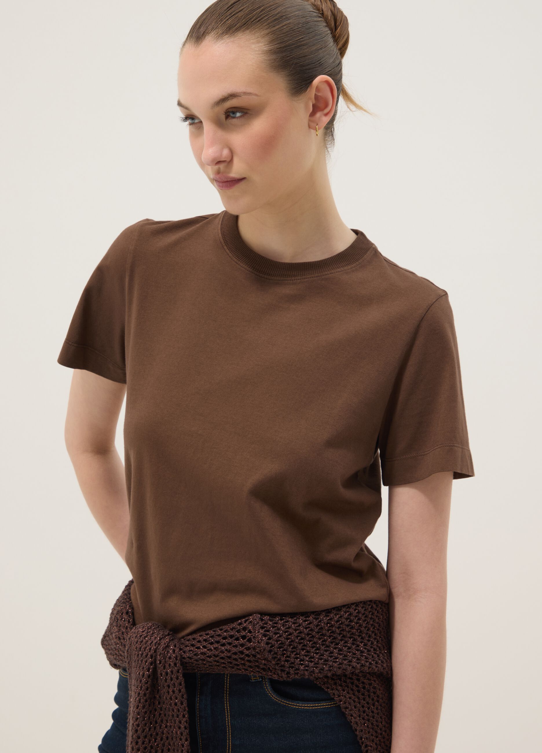 Brown short-sleeve pure cotton T-shirt, regular fit