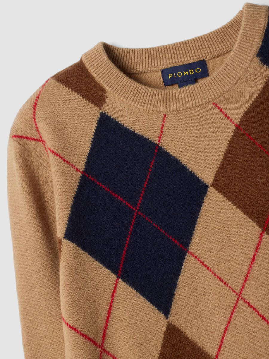 Maglione beige in pura lana con girocollo jacquard_1