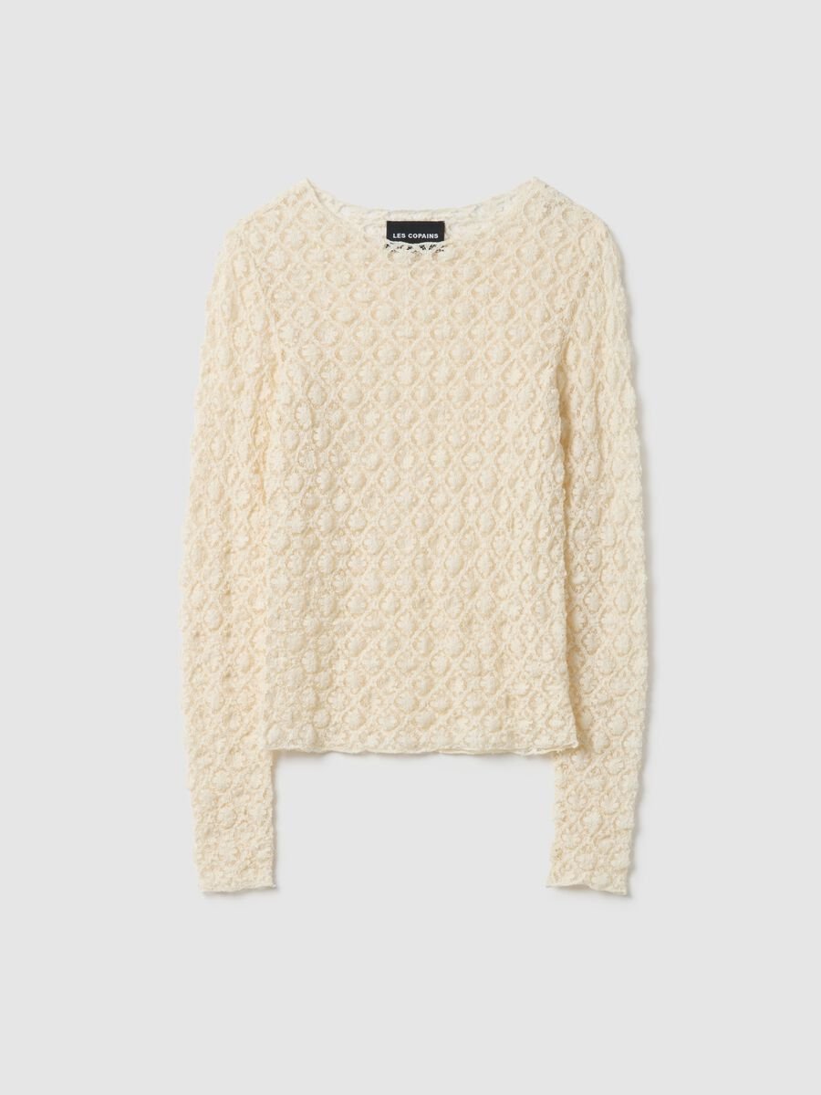 Beige stretch cotton blend regular fit top with lace_4