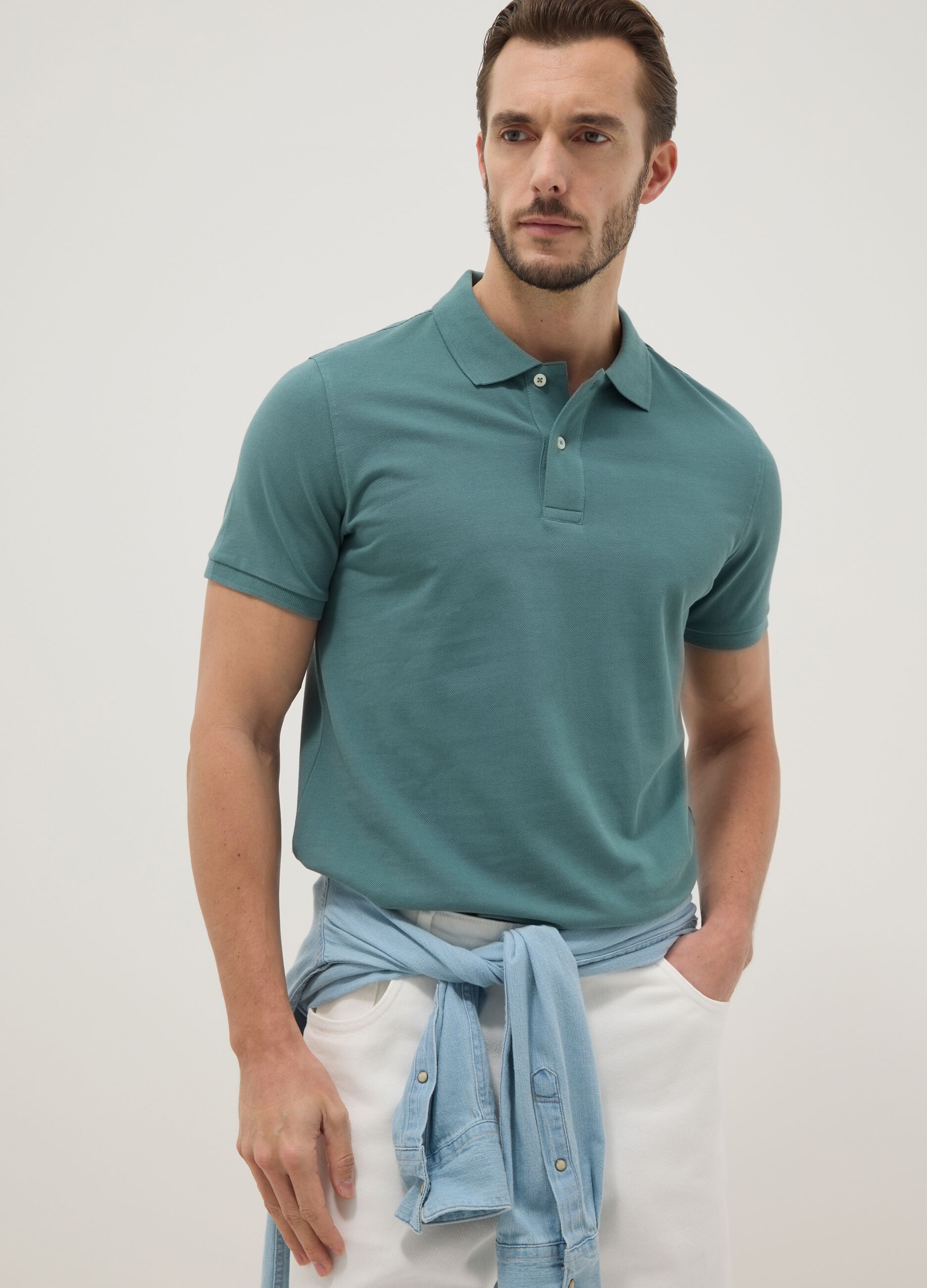 Regular fit short sleeve green pure cotton polo