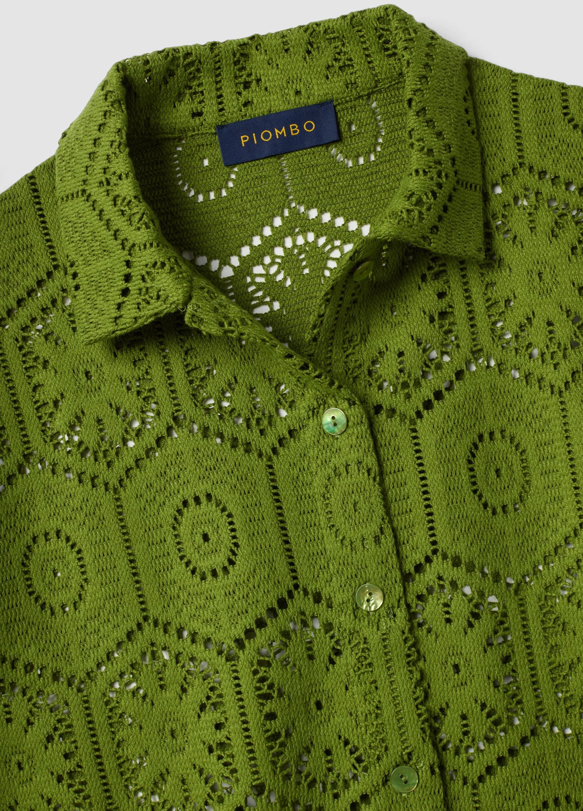 Green crochet polo shirt with classic collar, regular fit
