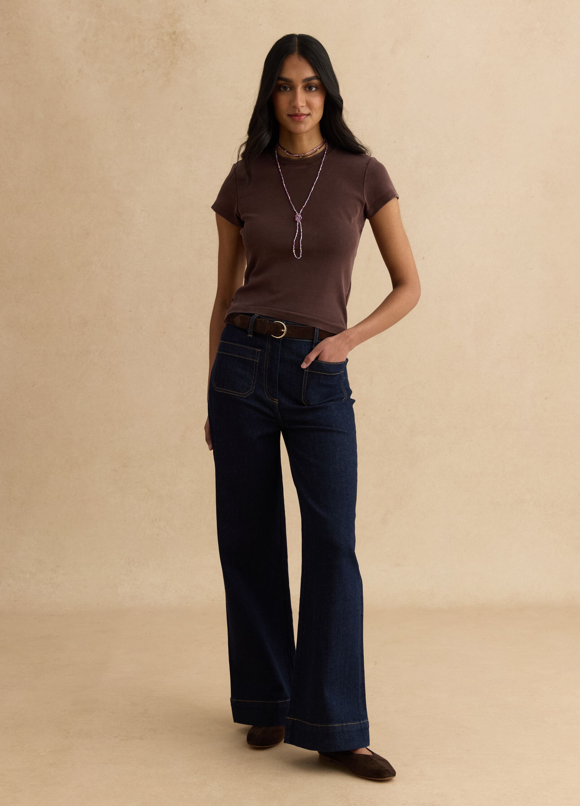 Brown fitted stretch cotton T-shirt