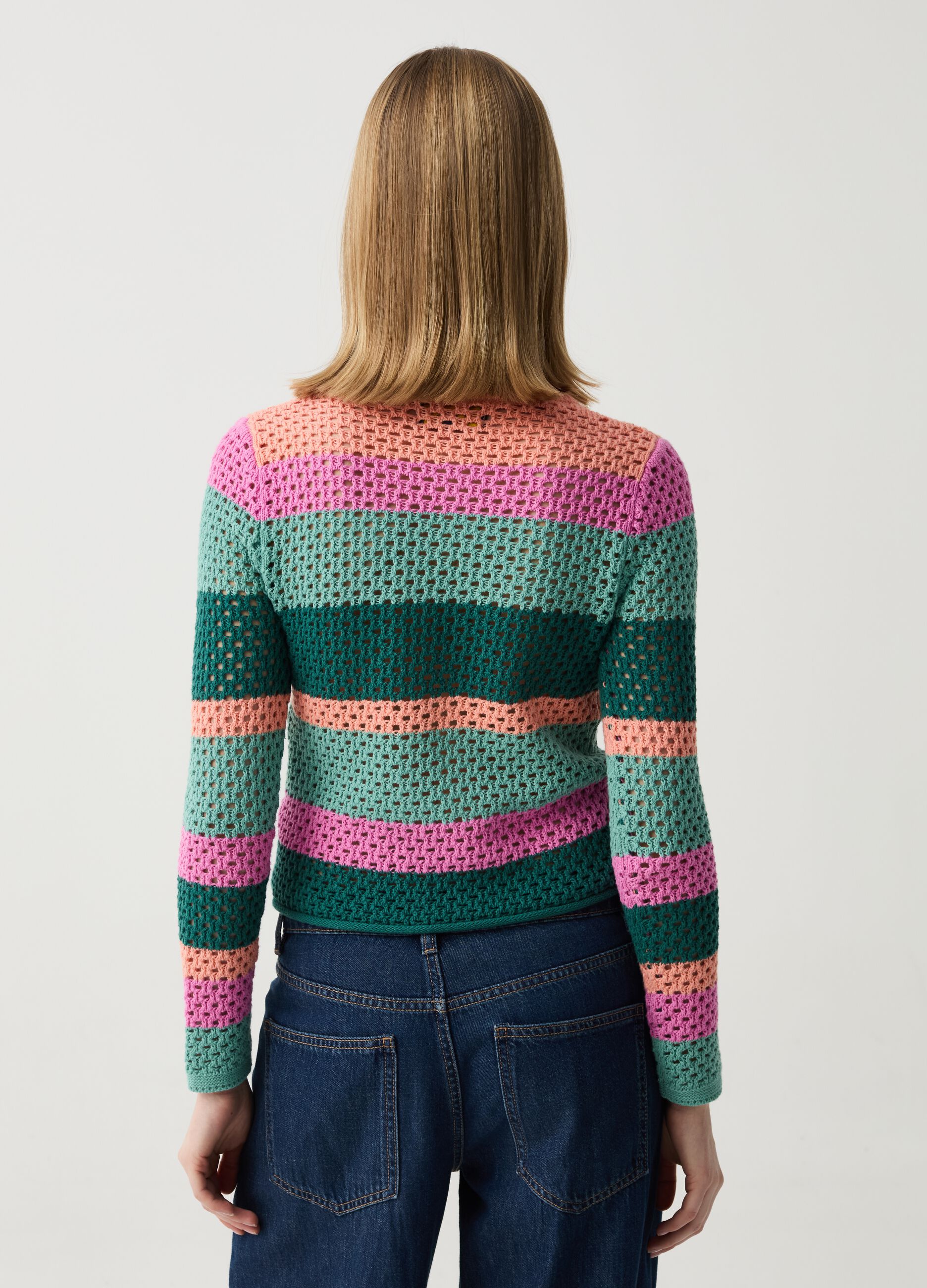 Crochet pullover with multicoloured stripes