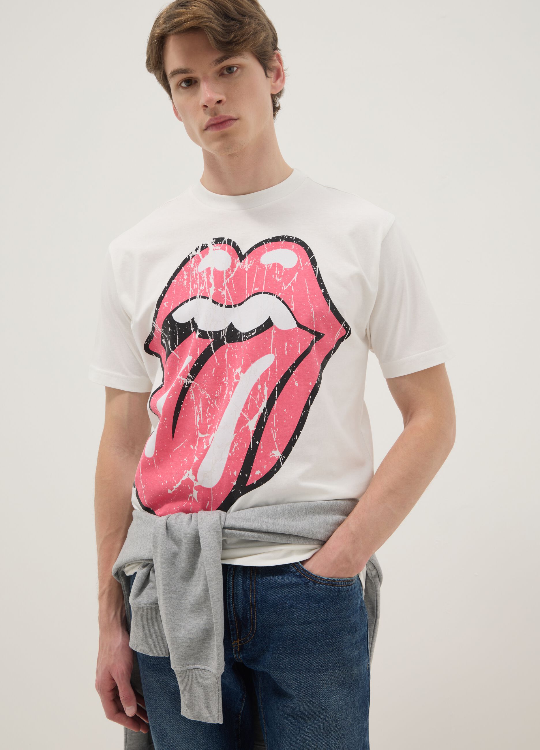 White pure cotton regular fit T-shirt with Rolling Stones print