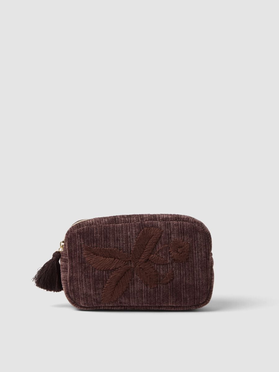 Brown make-up bag with floral embroidery and tassel_0