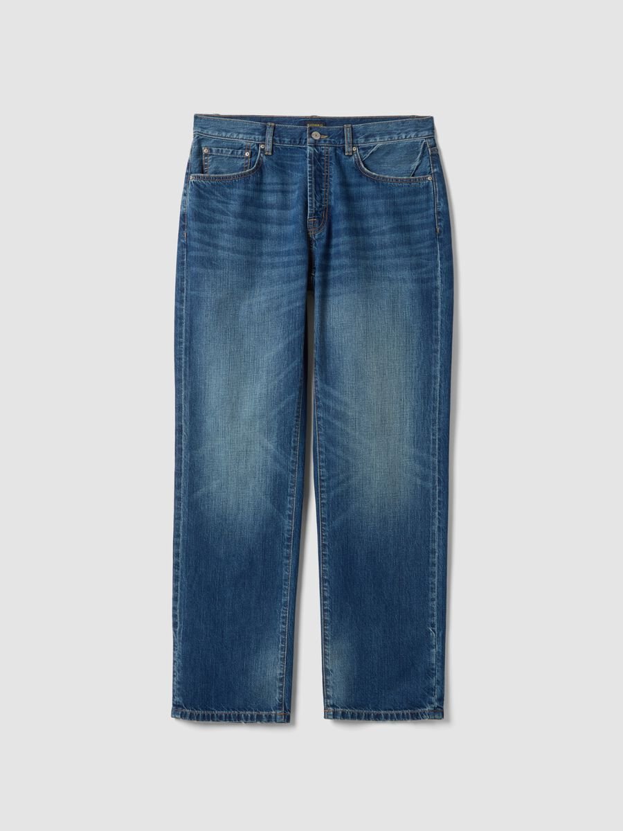 Blue Regular Fit Cotton Denim and Linen Blend Jeans_0