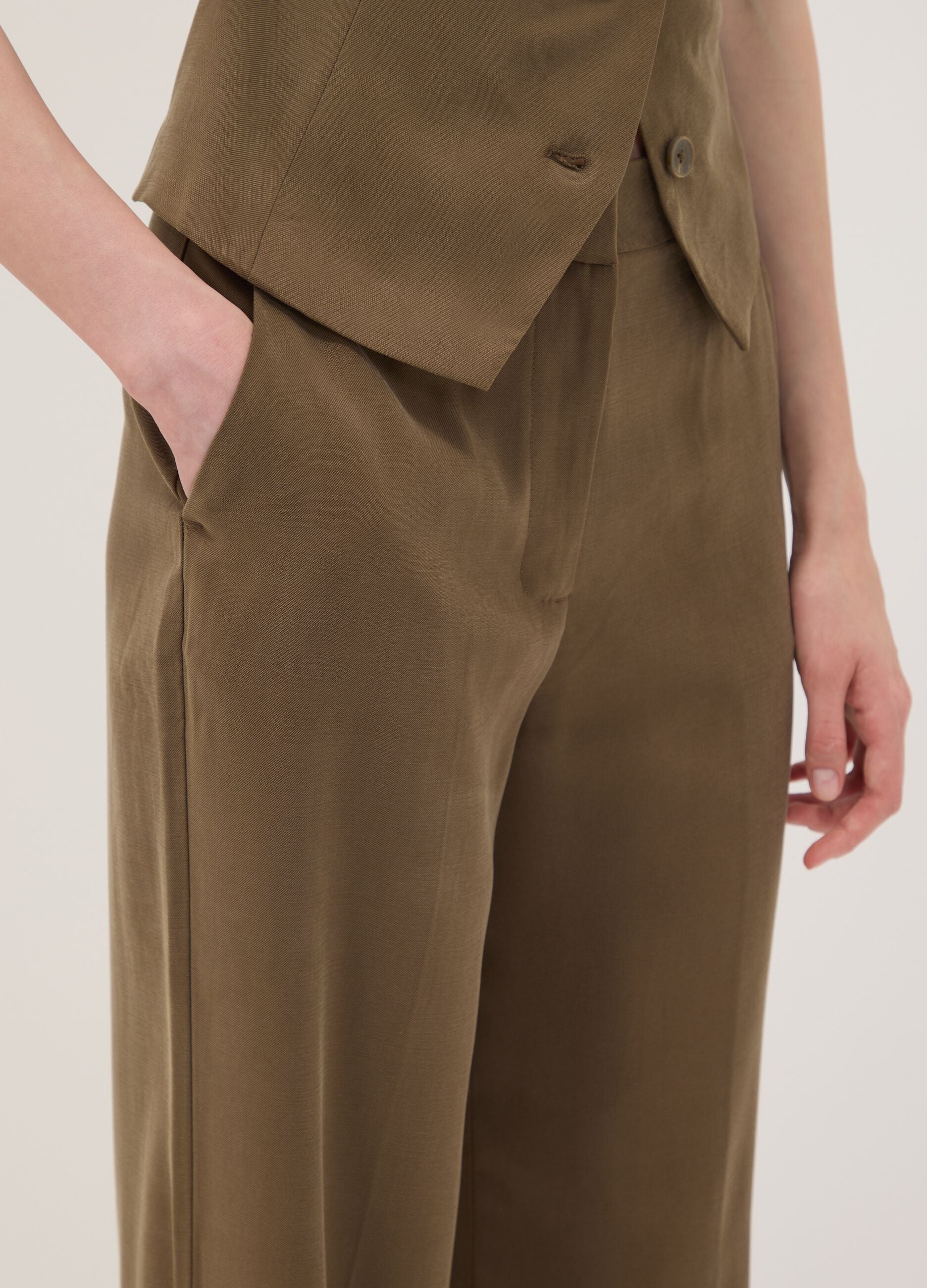 Green viscose-blend straight-leg trousers