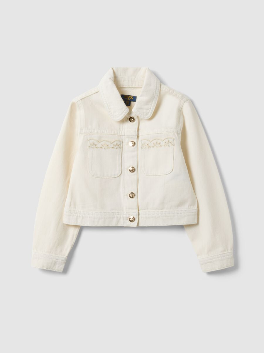 Giacca in puro cotone bianco da bambina regular fit con ricami_0