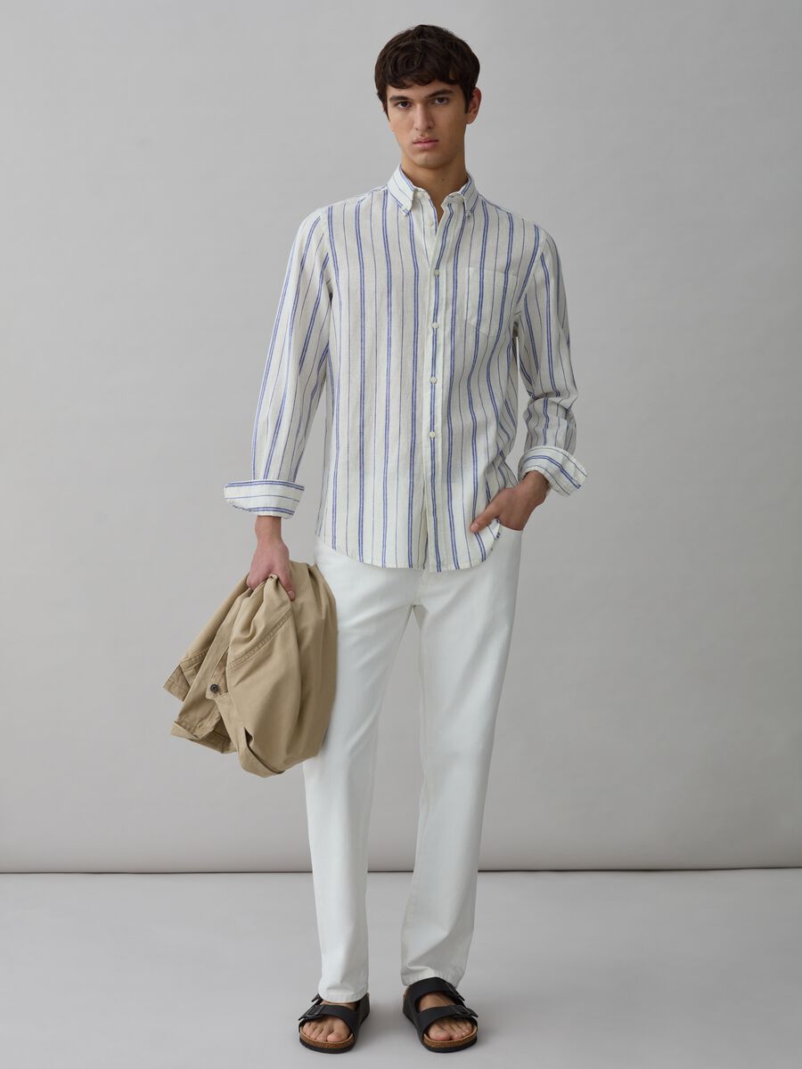 Regular-fit shirt in striped cotton and linen_0