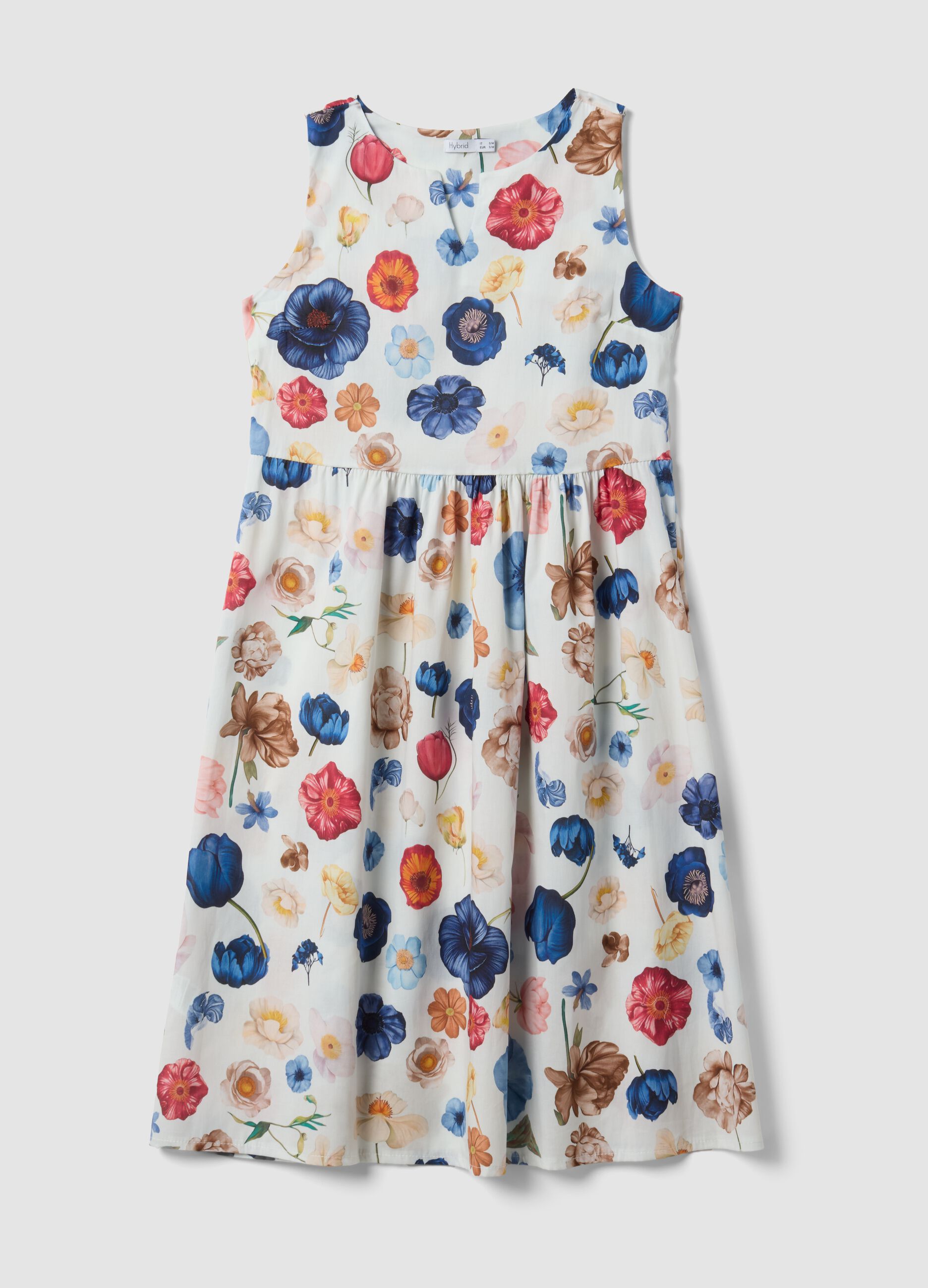 White sleeveless floral stretch-cotton dress, regular fit