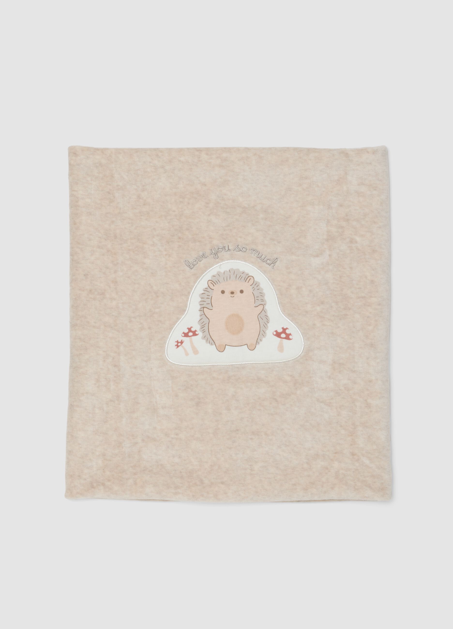Beige organic cotton-blend baby blanket with hedgehog embroidery