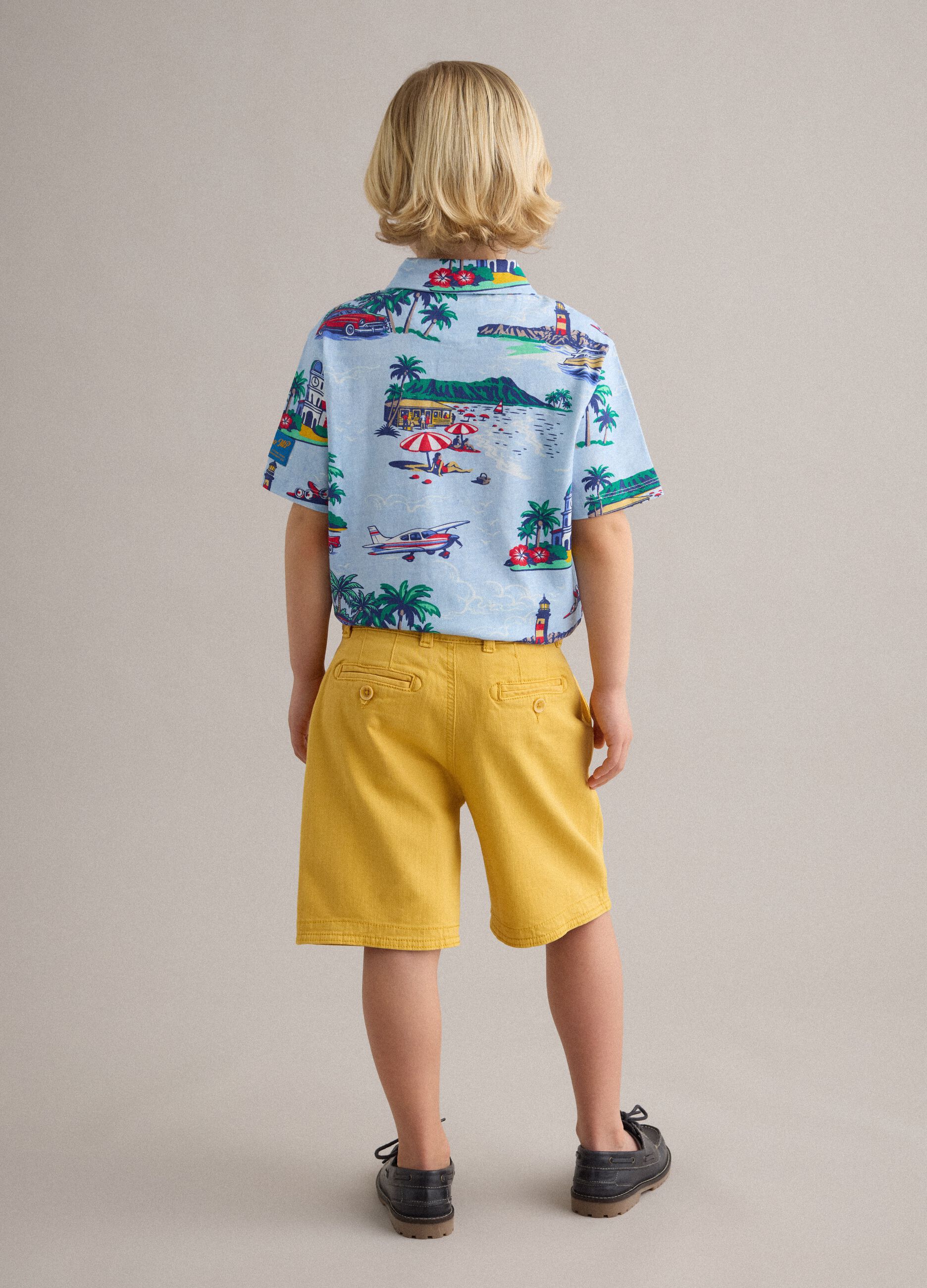 Boys' yellow cargo baggy shorts in stretch cotton