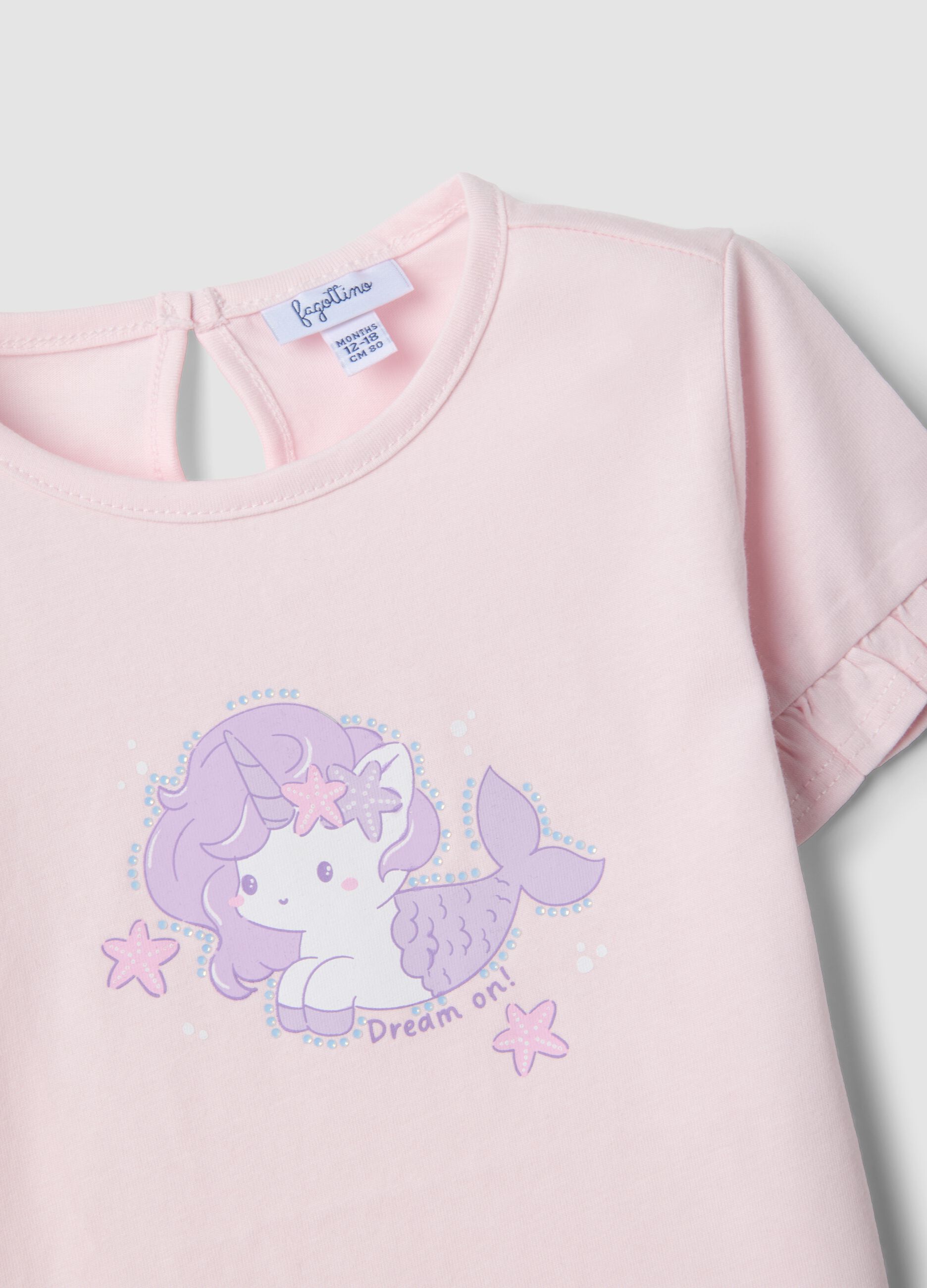 T-shirt rosa em puro algod&atilde;o org&acirc;nico para beb&eacute; menina com estampado e folhos