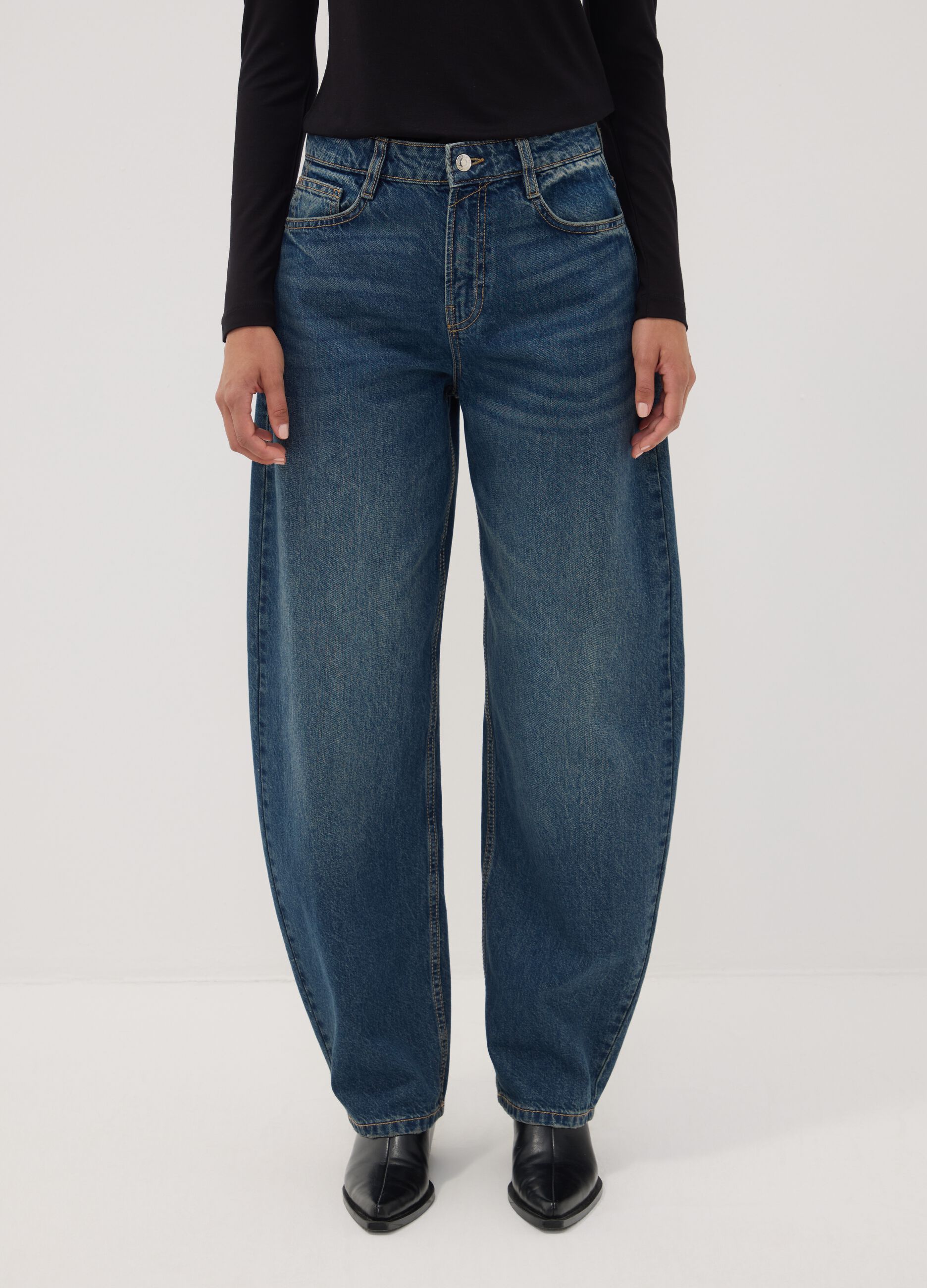 Blue denim pure cotton barrel-fit jeans