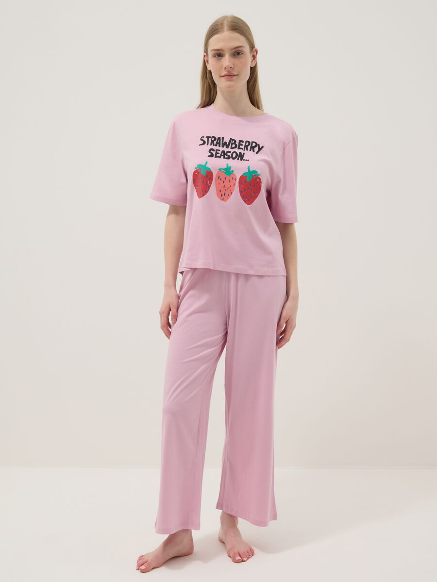 Long pink pure cotton pyjamas with strawberries, regular fit_0