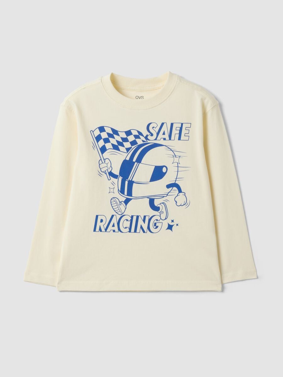 White oversized T-shirt in 100% organic cotton with racing print for boys_0