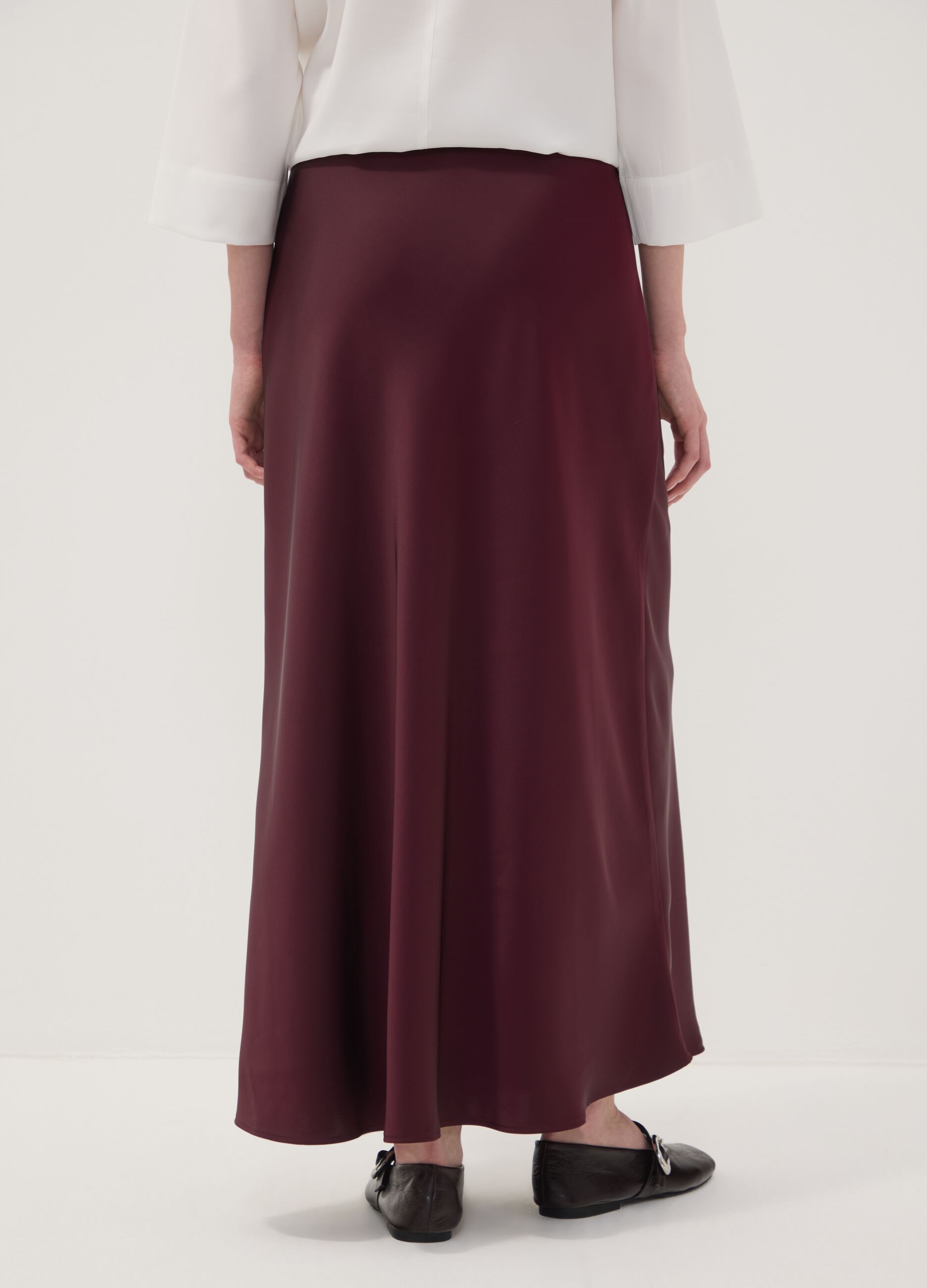 Red satin maxi skirt with elasticated waist