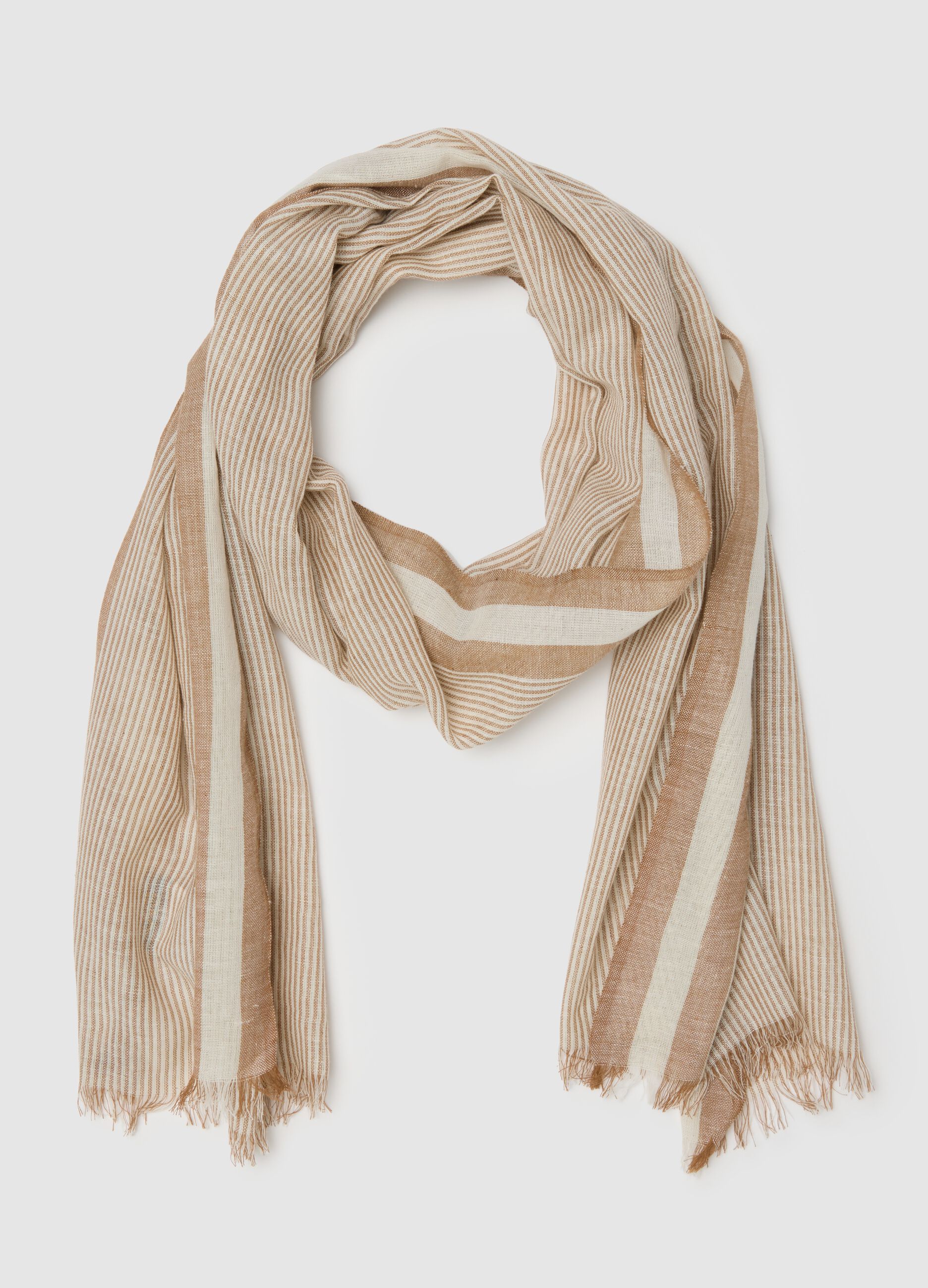 Lightweight scarf in pure cotton with multicolour stripes and fringes