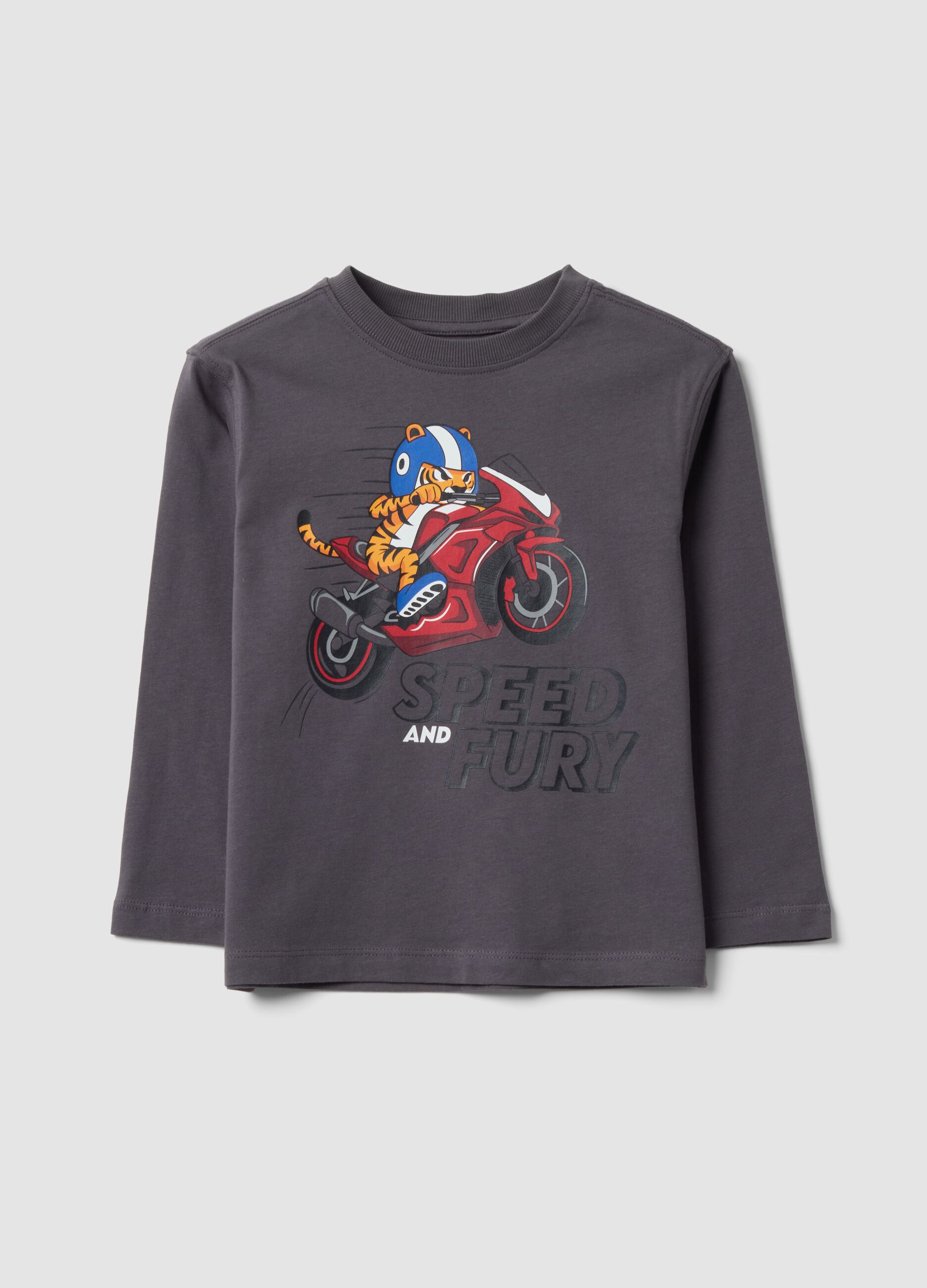 T-shirt grigia in puro cotone con stampa tigre over fit per bambino