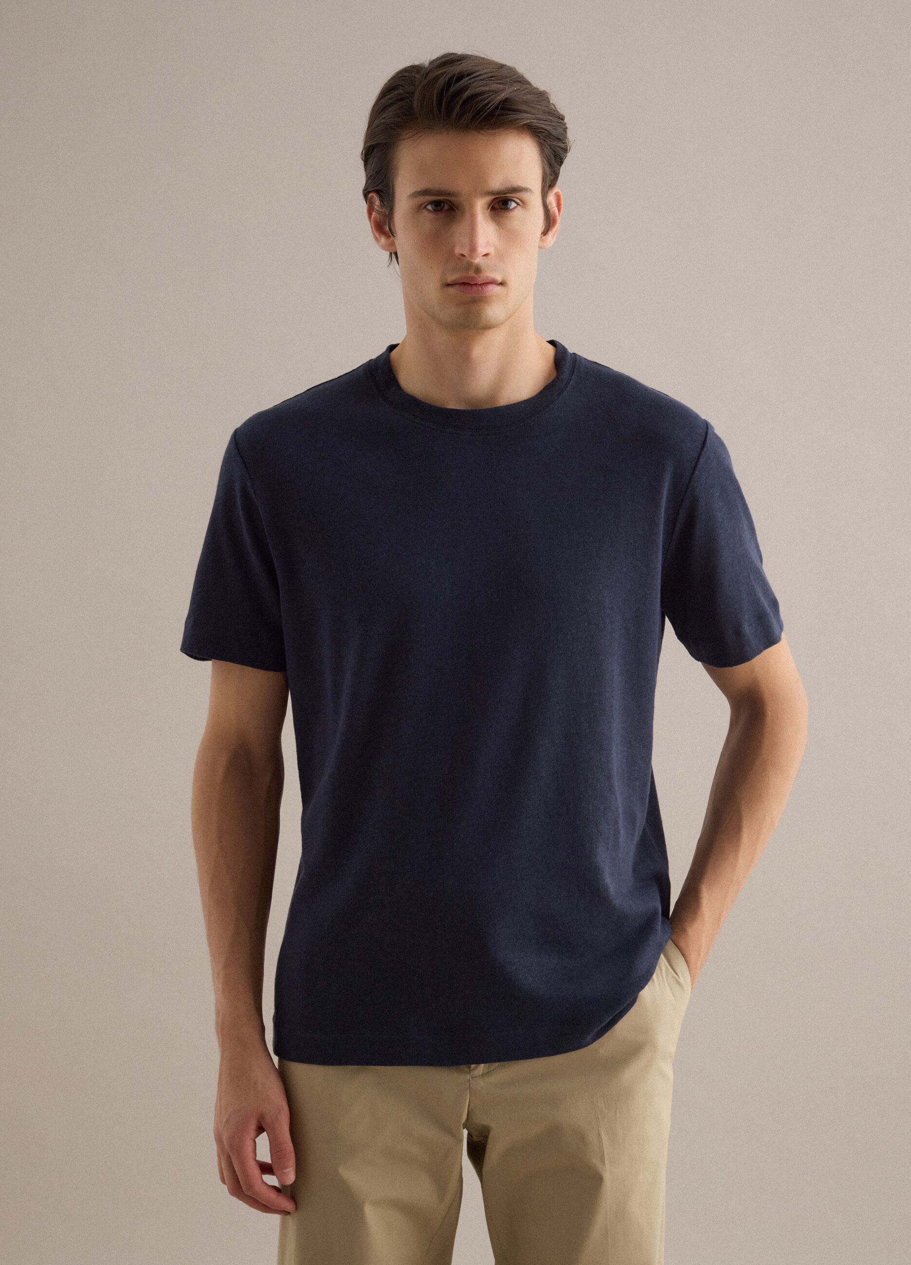 Blue linen-cotton blend regular fit t-shirt