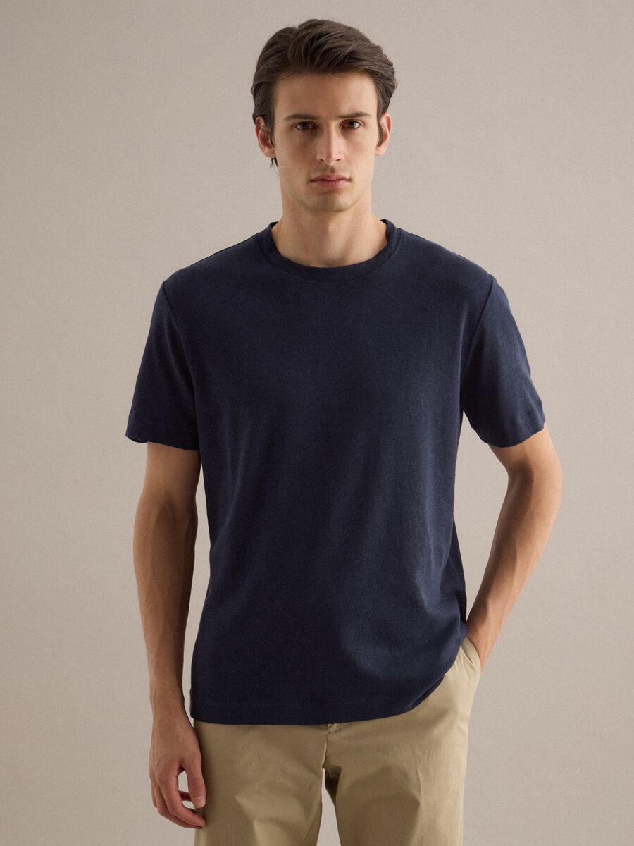 Blue linen-cotton blend regular fit t-shirt_0