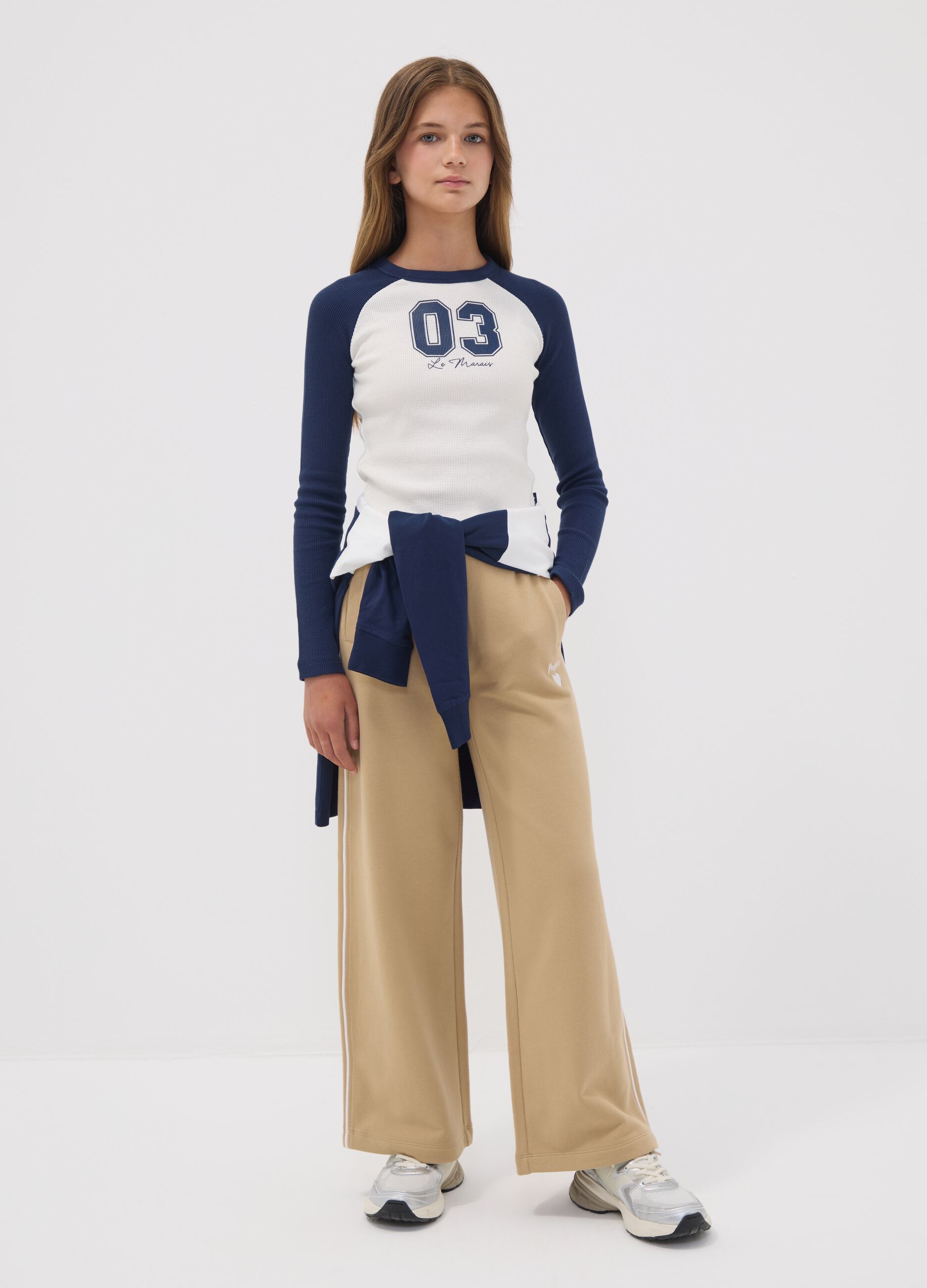 Girls&rsquo; beige wide-leg pure cotton trousers