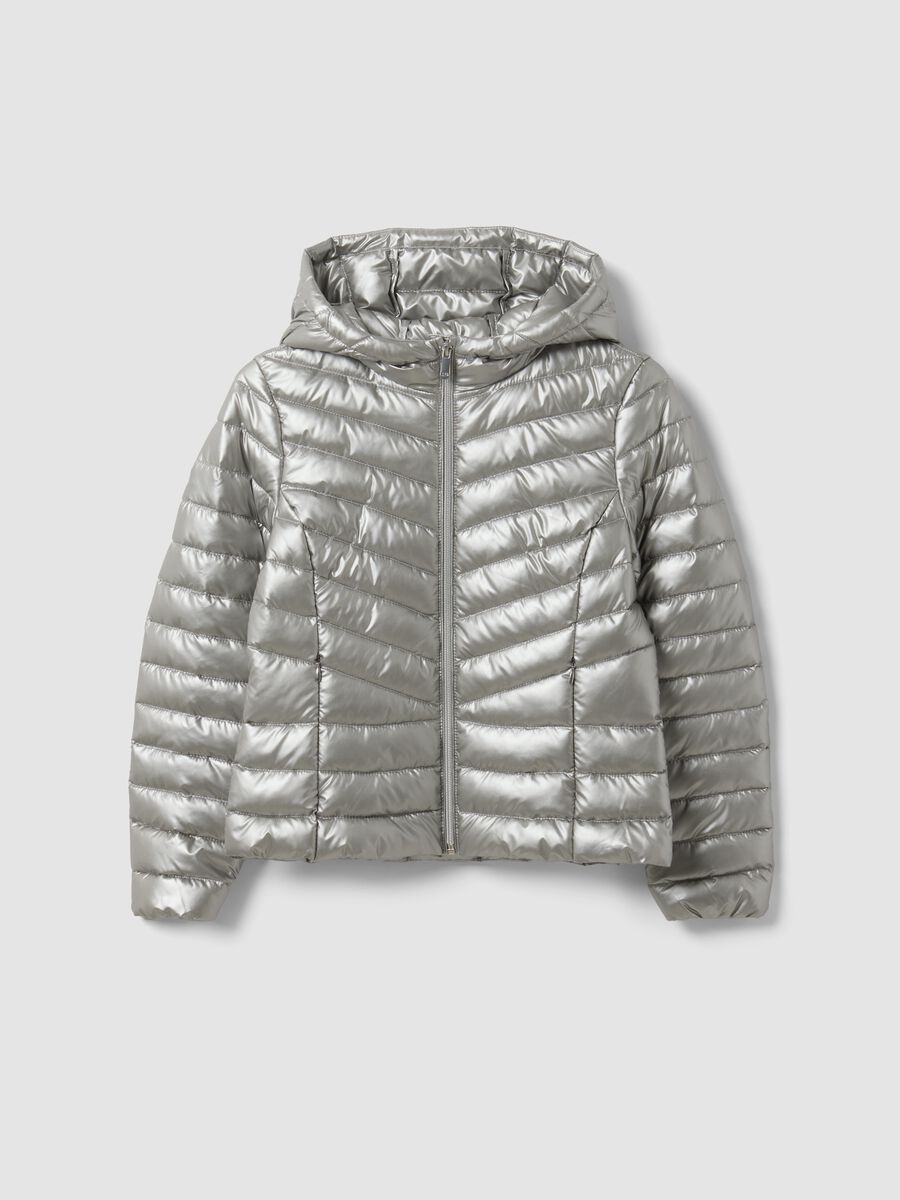 Grey ultralight padded jacket with hood and zip for girls_4