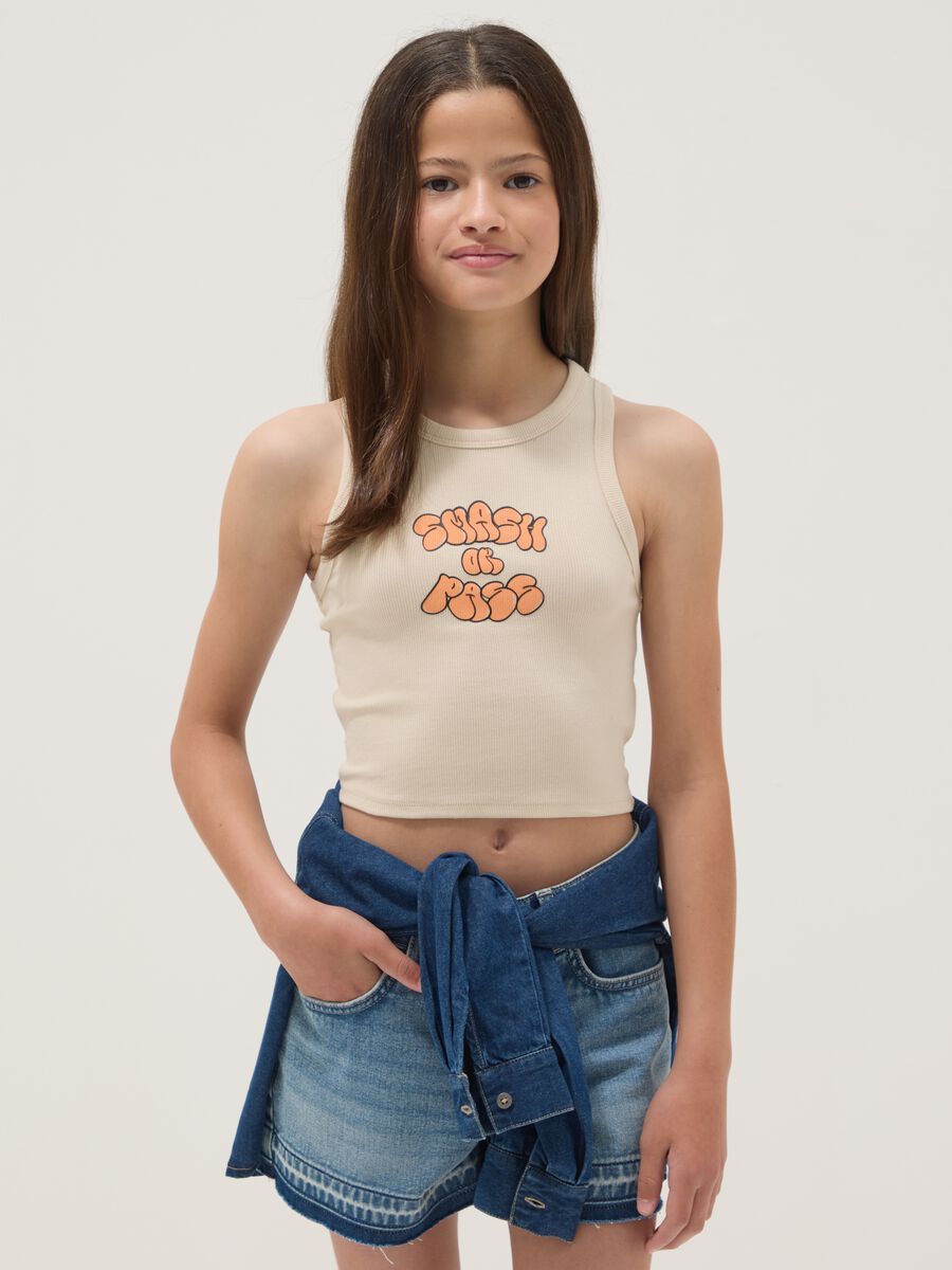 Beige fitted cotton-stretch printed vest top for girls_0