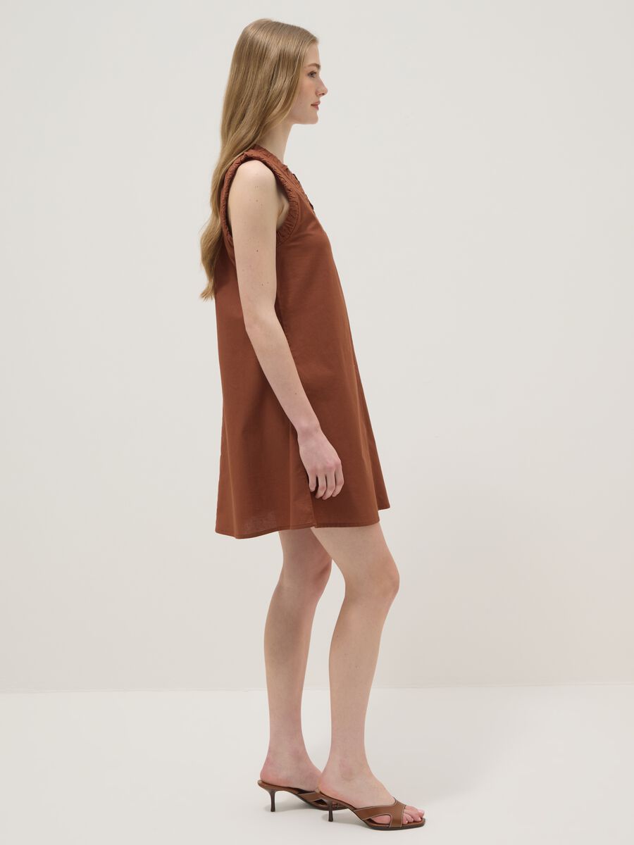 Brown pure cotton regular-fit mini dress with ruched V-neck_1
