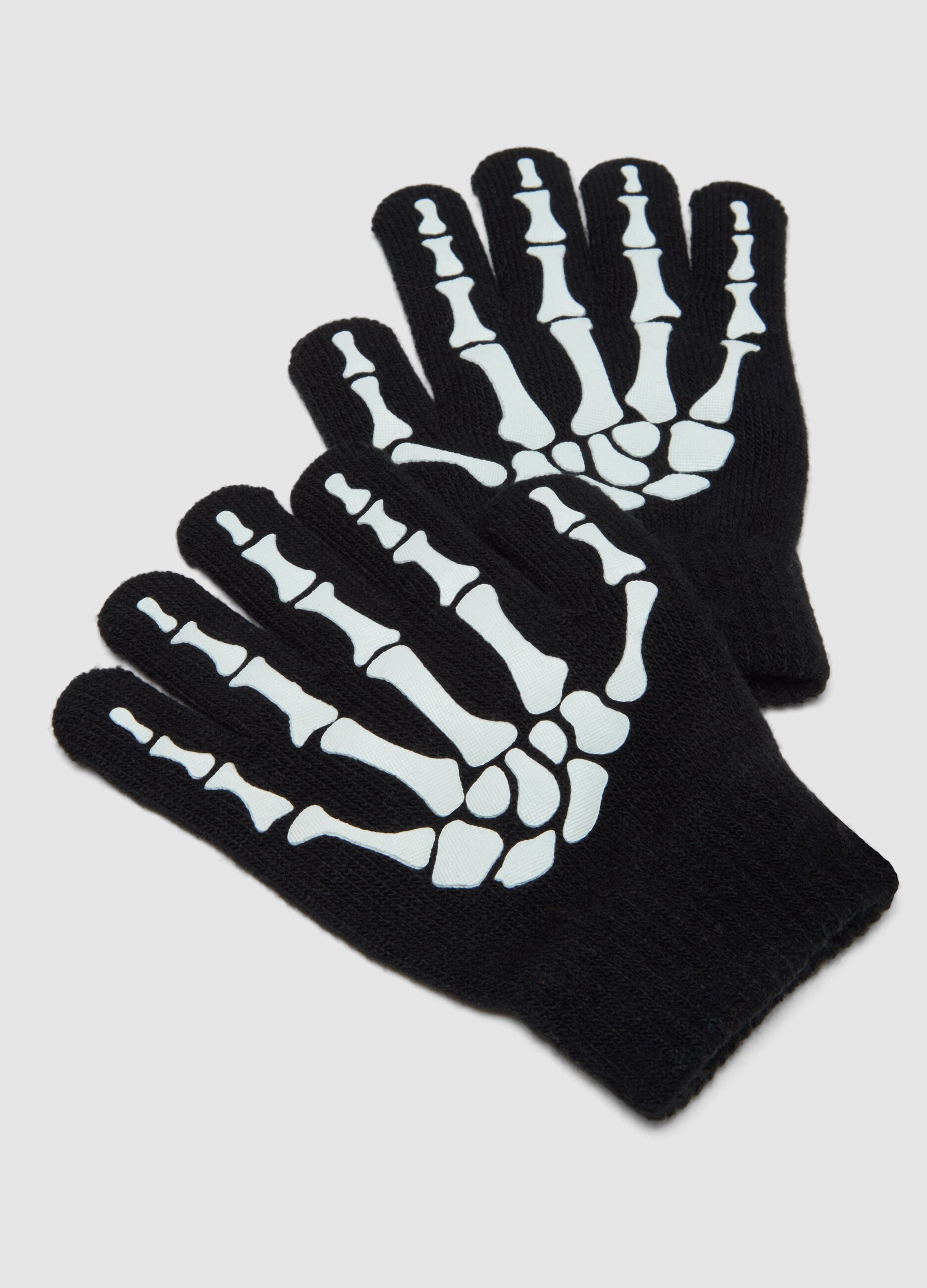 Schwarze Stretchhandschuhe mit Skelett-Print