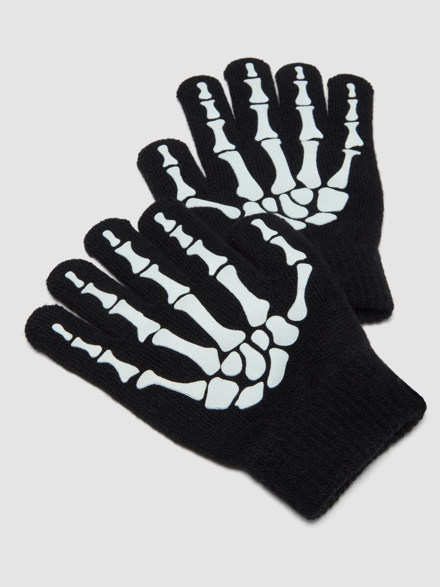 Black stretch-fabric gloves with skeleton print_1