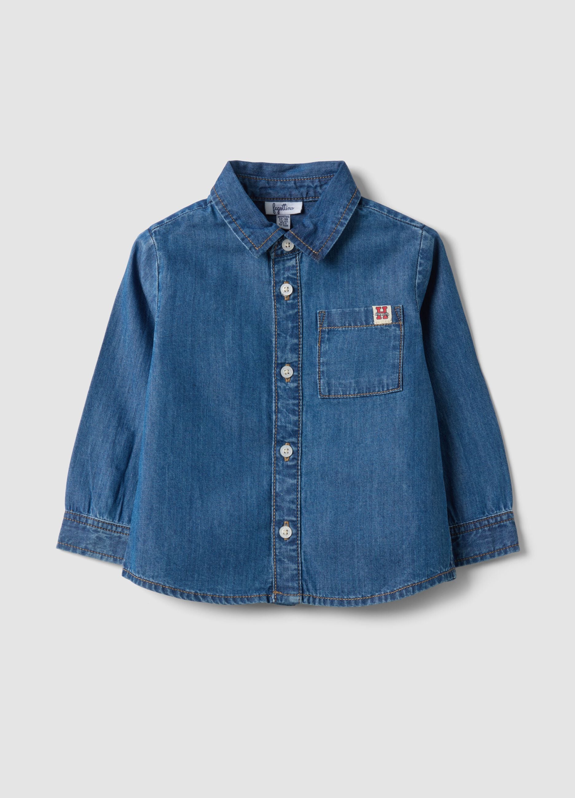 Blue denim shirt in pure cotton, regular fit, for boys