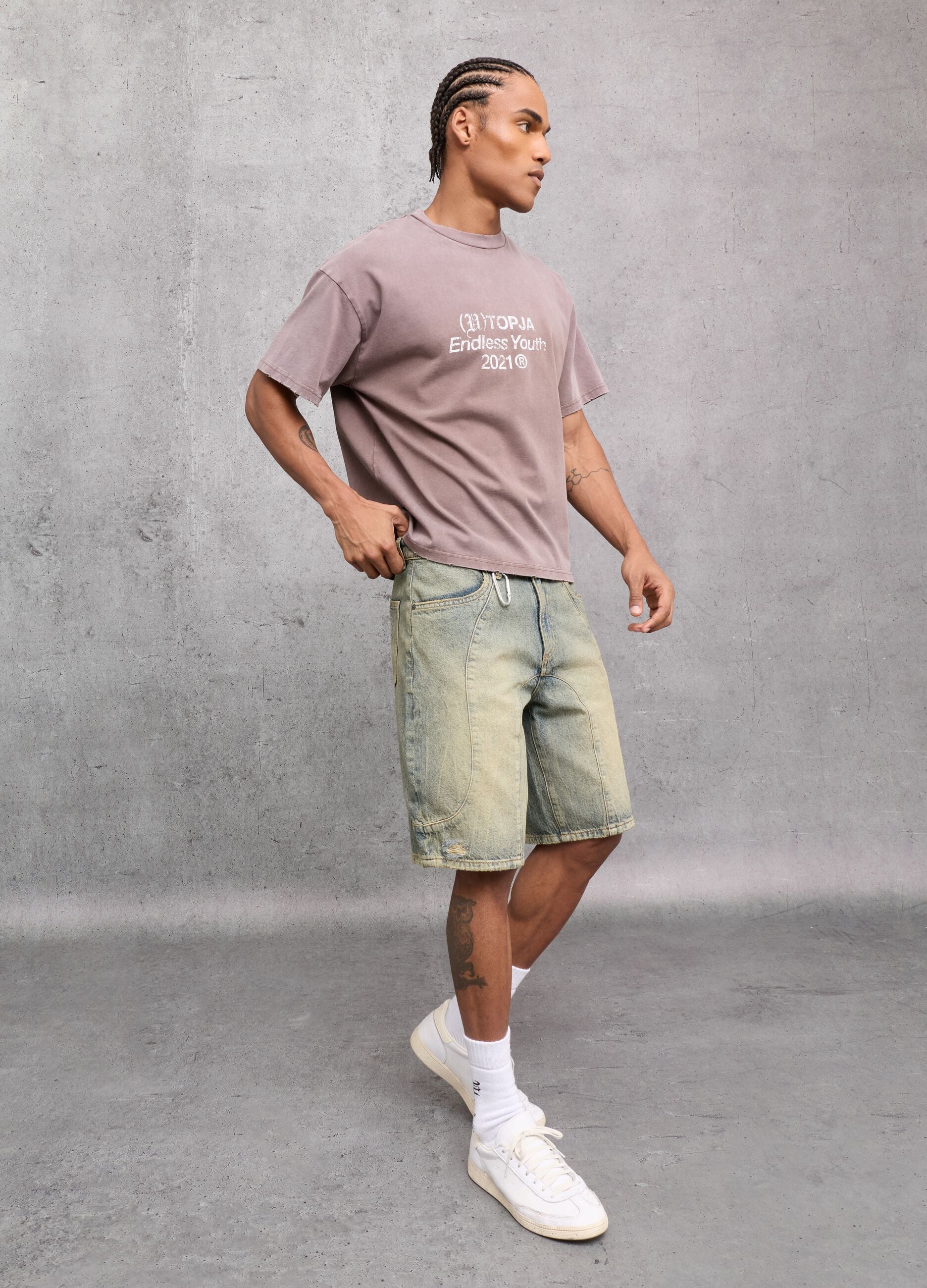 Washed Light Blue & Tea Denim Shorts