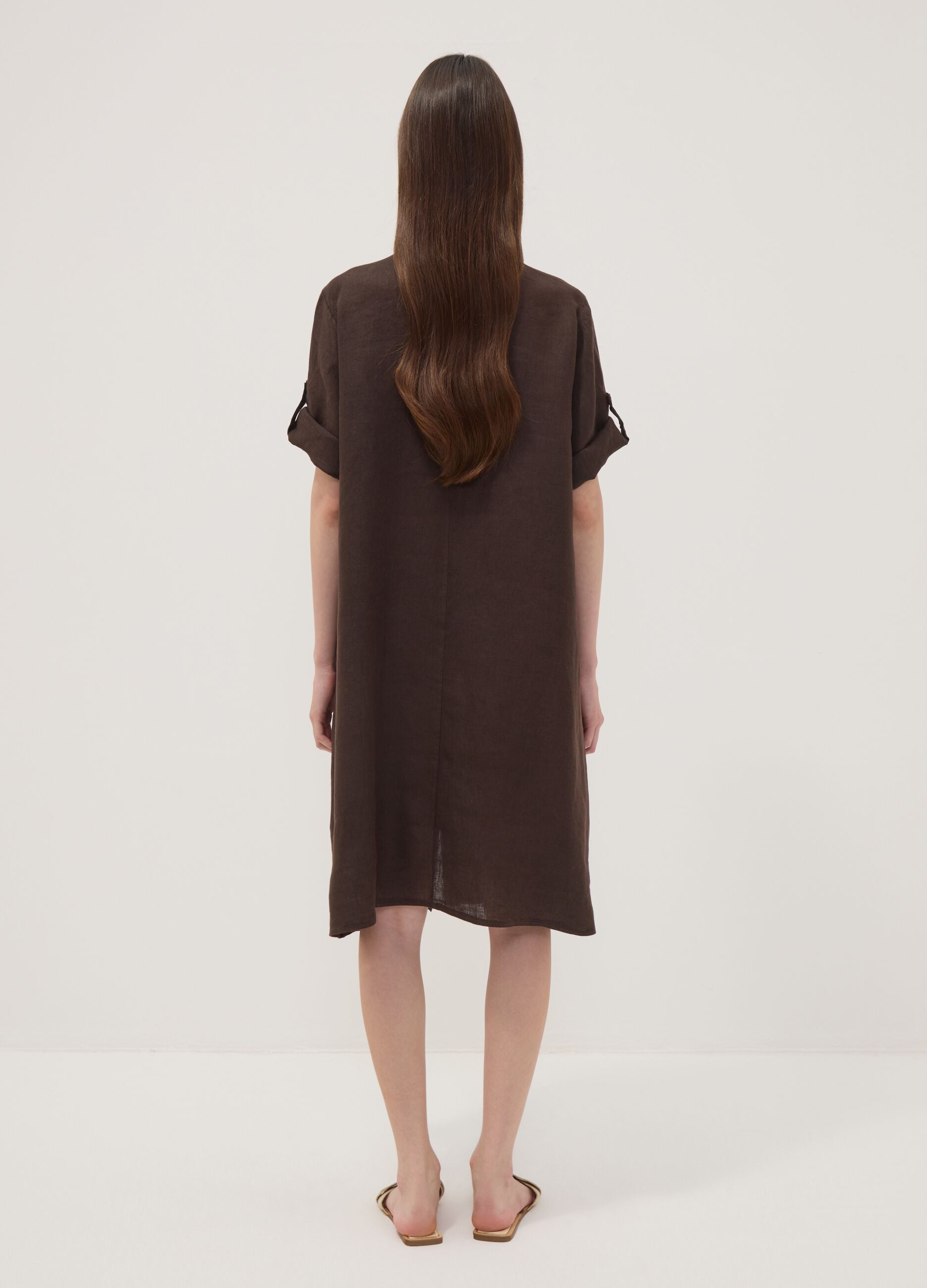 Brown pure linen dress with Mandarin collar, regular fit