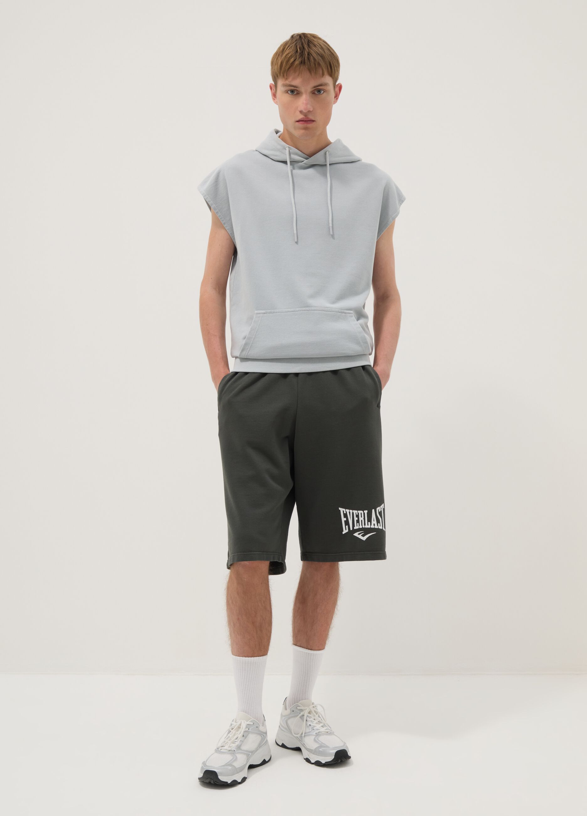Grey cotton blend sleeveless hoodie regular fit