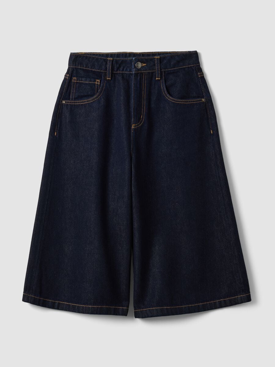 Blue denim wide-leg Bermuda shorts in cotton and lyocell blend_4
