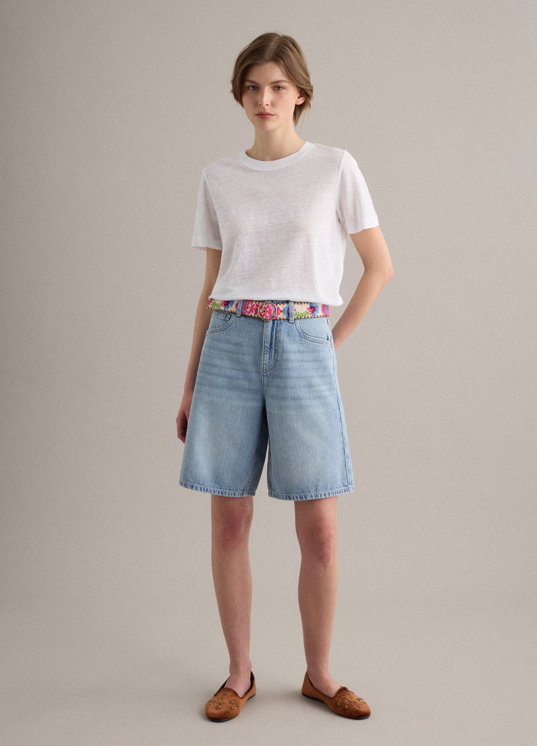Wei&szlig;es T-Shirt aus reinem Leinen, Regular Fit, kurzarm
