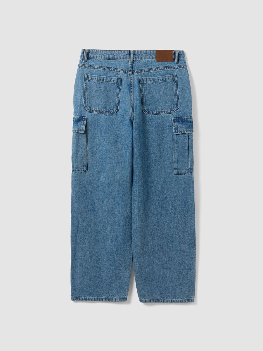Blue pure cotton wide-leg cargo jeans_2
