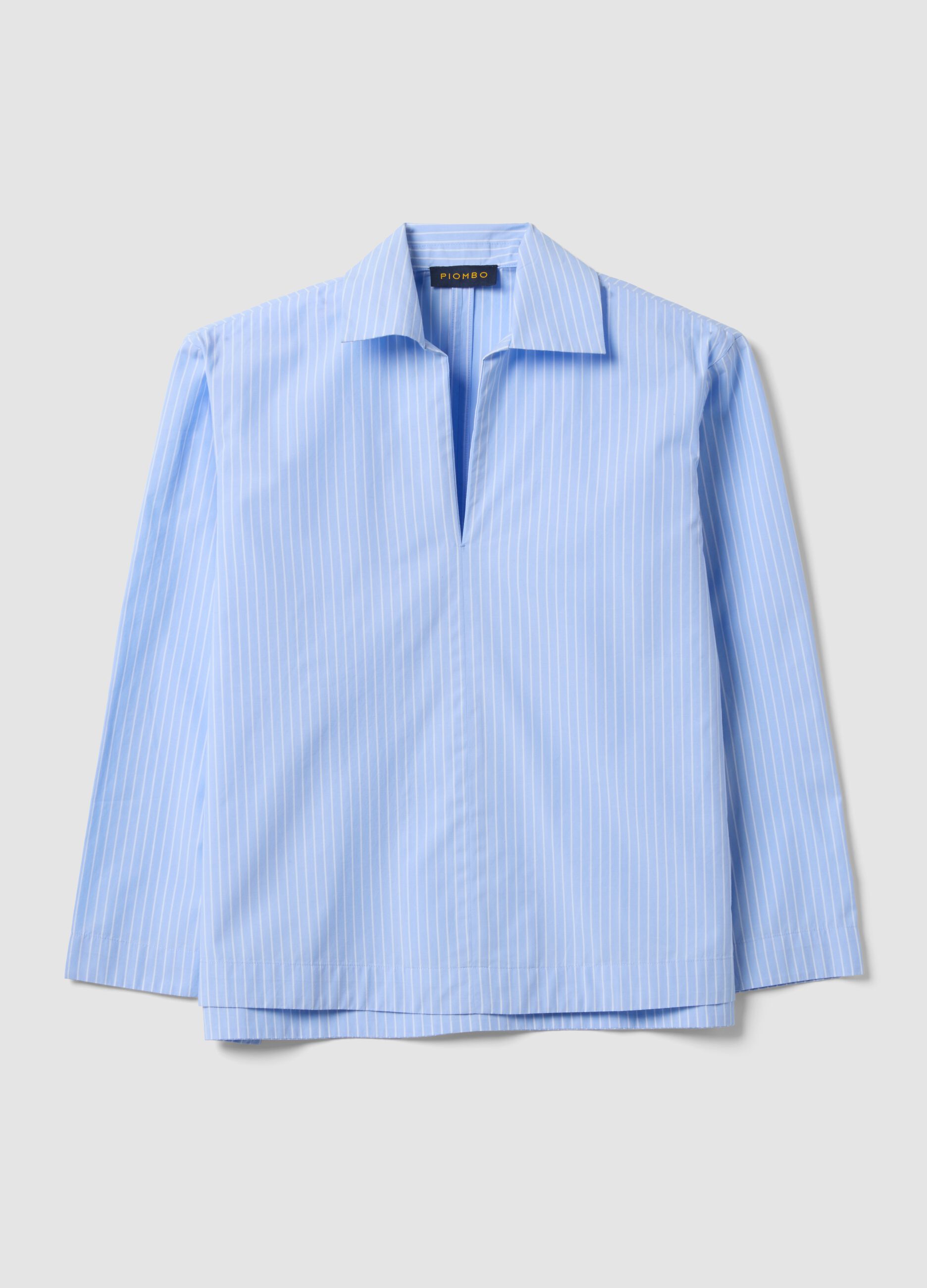 Blue striped pure cotton poplin shirt with V-neck