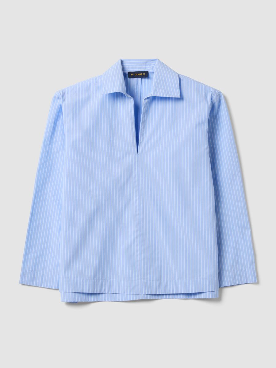 Blau gestreifte Popeline-Hemdbluse aus reiner Baumwolle mit V-Ausschnitt_0