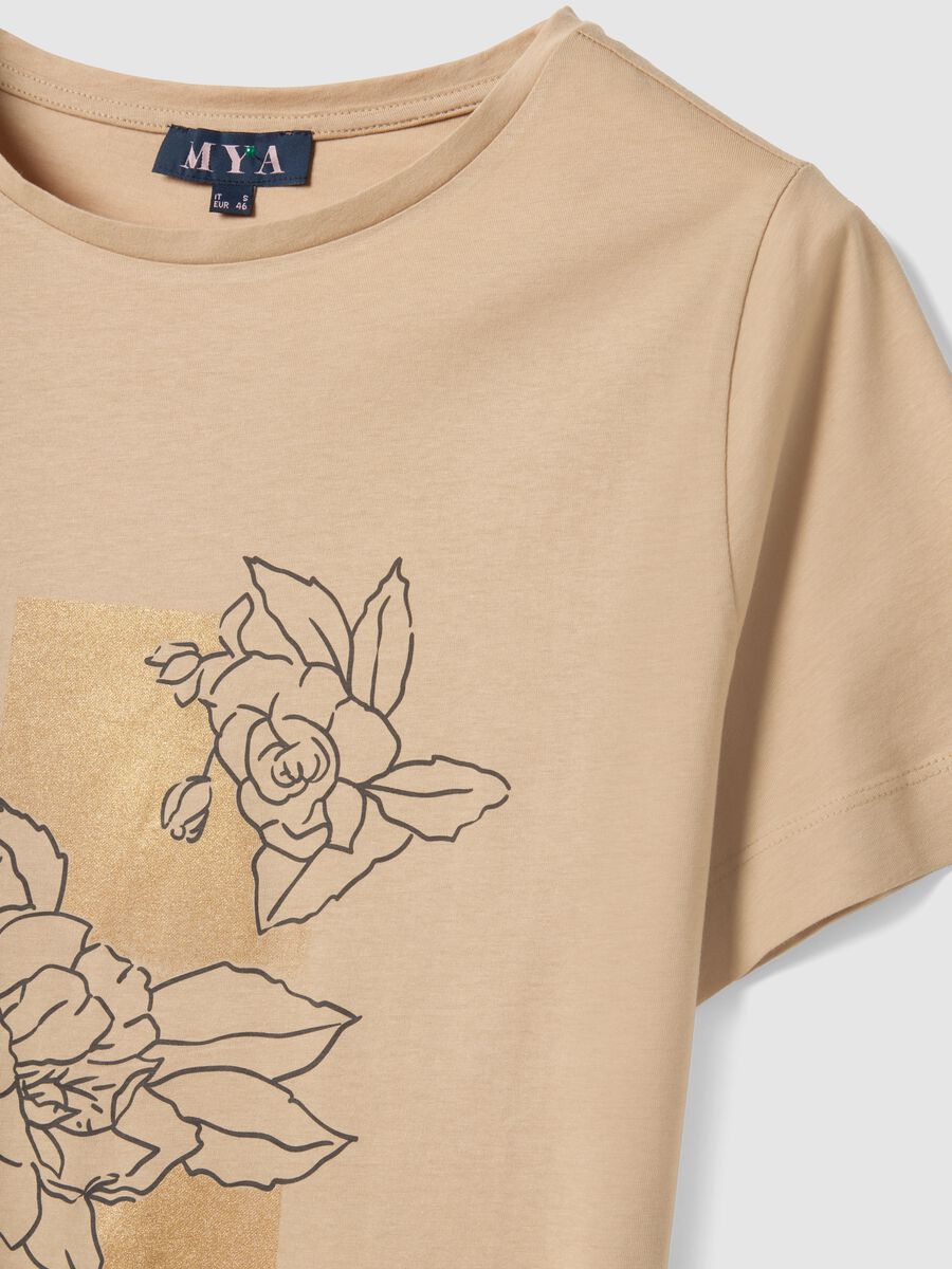 Beiges Kurzarm-T-Shirt aus reiner Baumwolle mit Print, Regular Fit_5